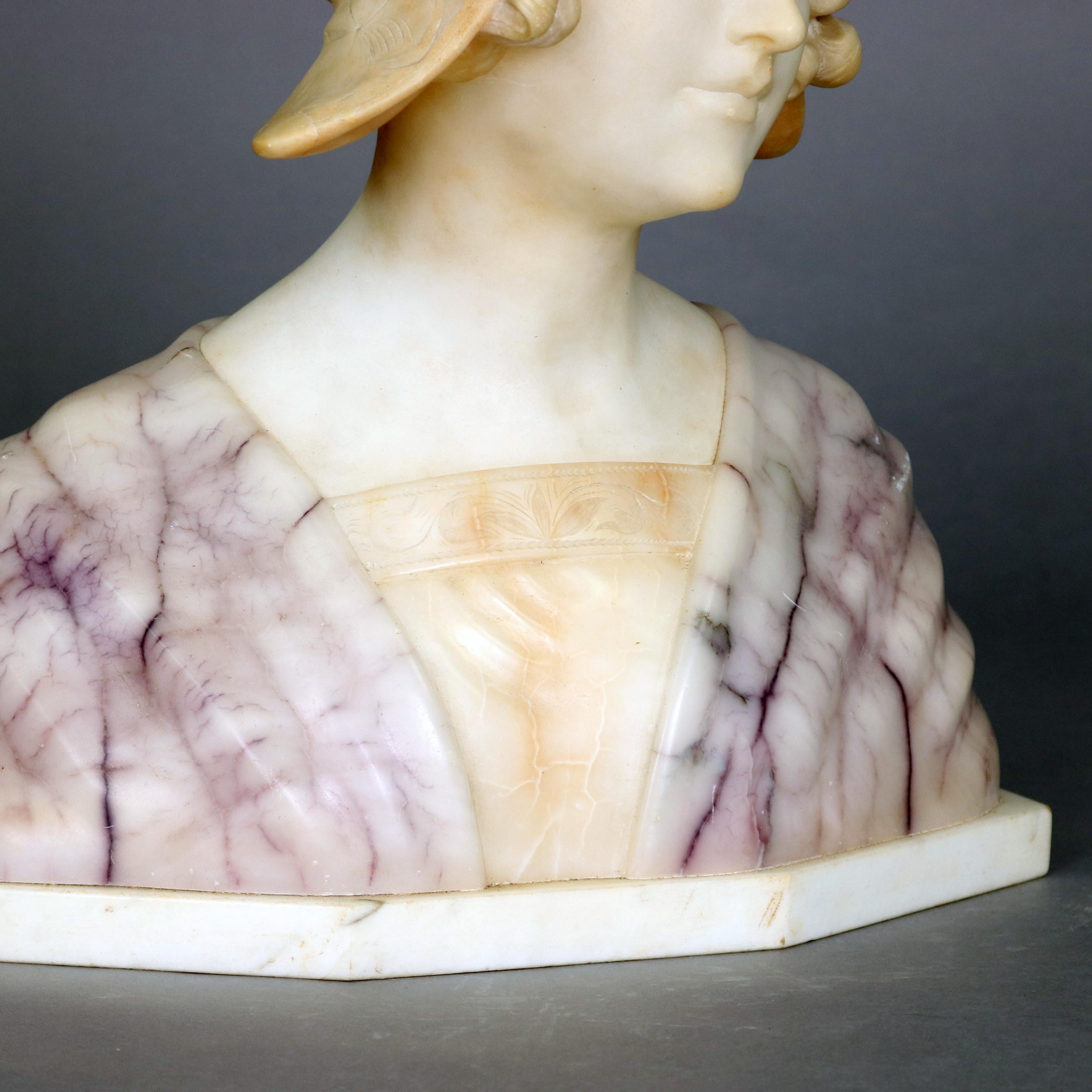 Hand-Carved Large Antique Italian Carved Alabaster Joan of Arc Bust After Bessi, circa 1890