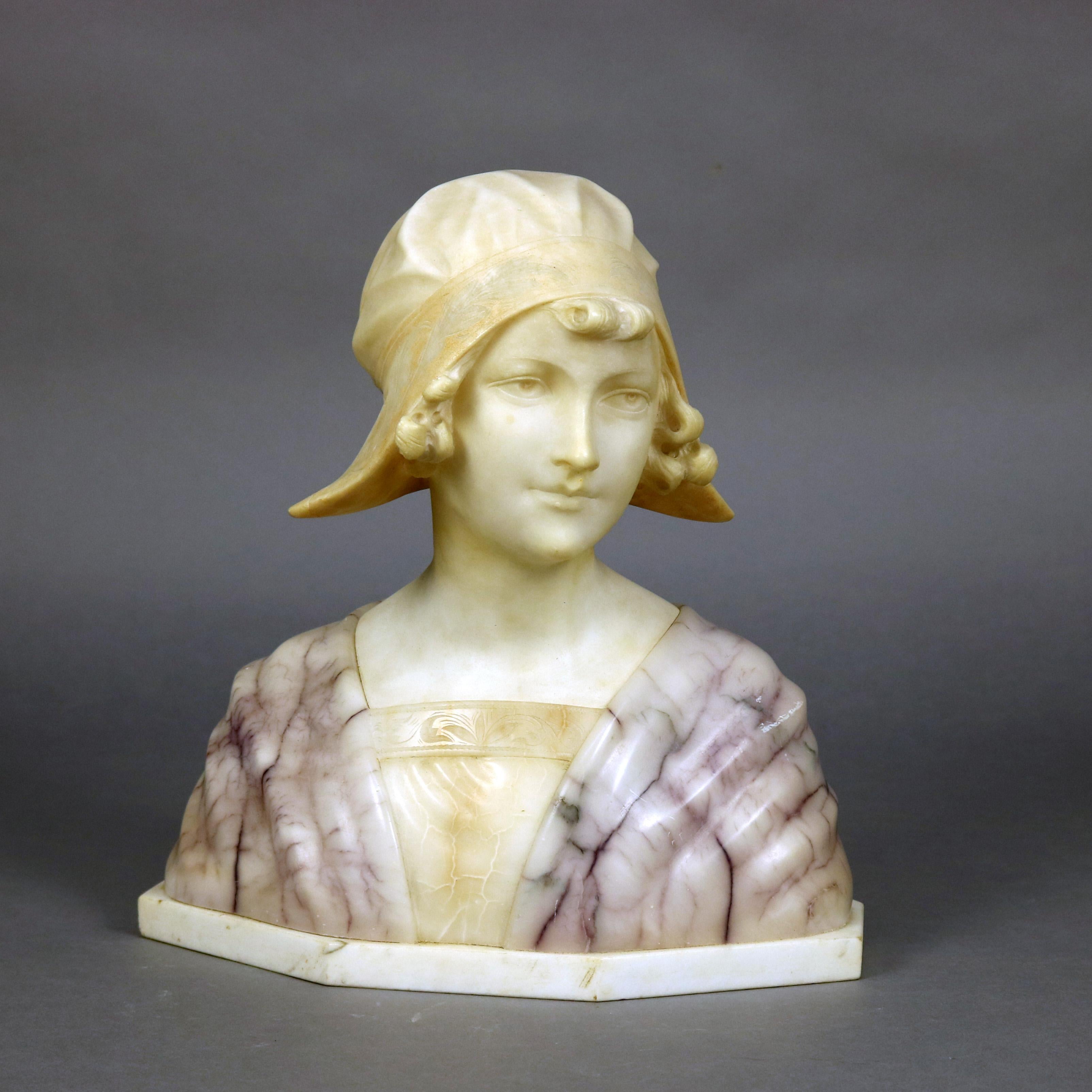 19th Century Large Antique Italian Carved Alabaster Joan of Arc Bust After Bessi, circa 1890