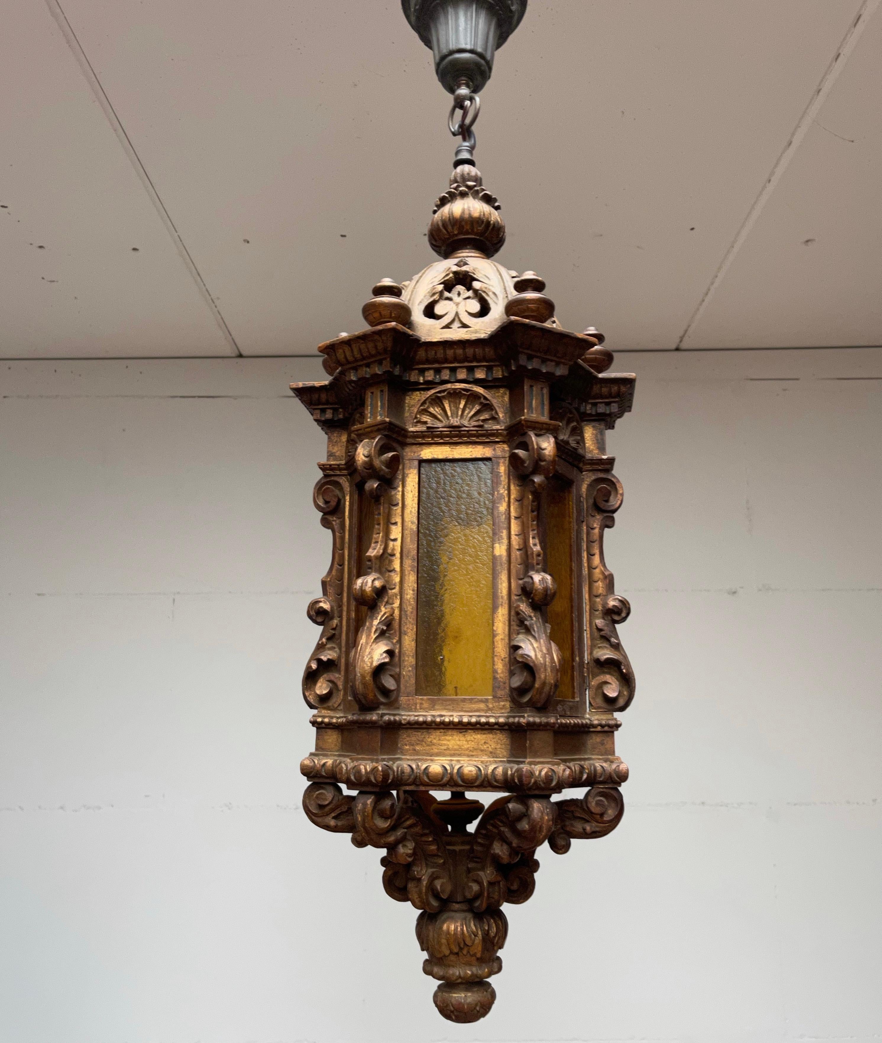 Large Antique Italian Carved Gilt Wood Hall Lantern / Pendant w. Cathedral Glass 12