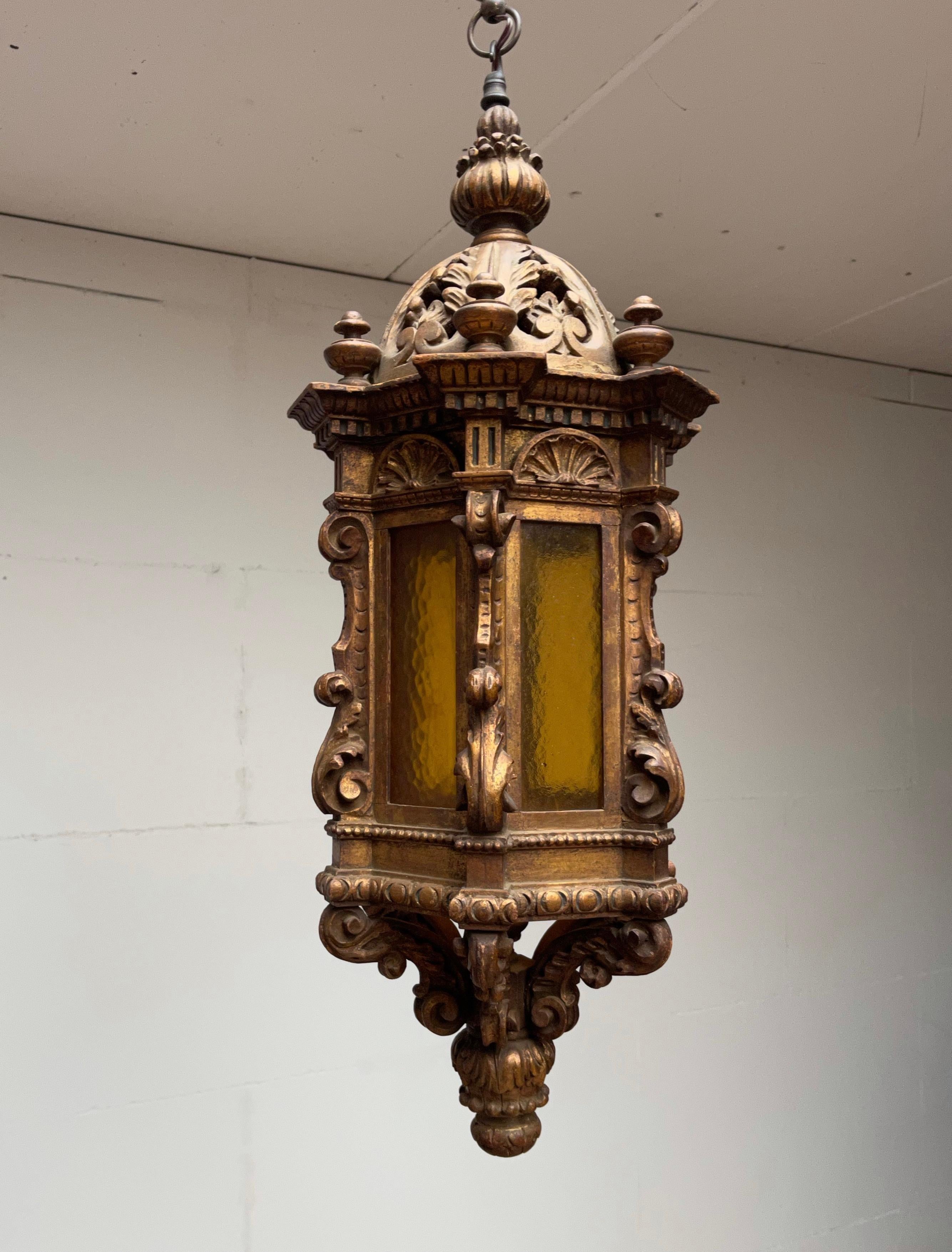 Large Antique Italian Carved Gilt Wood Hall Lantern / Pendant w. Cathedral Glass 13