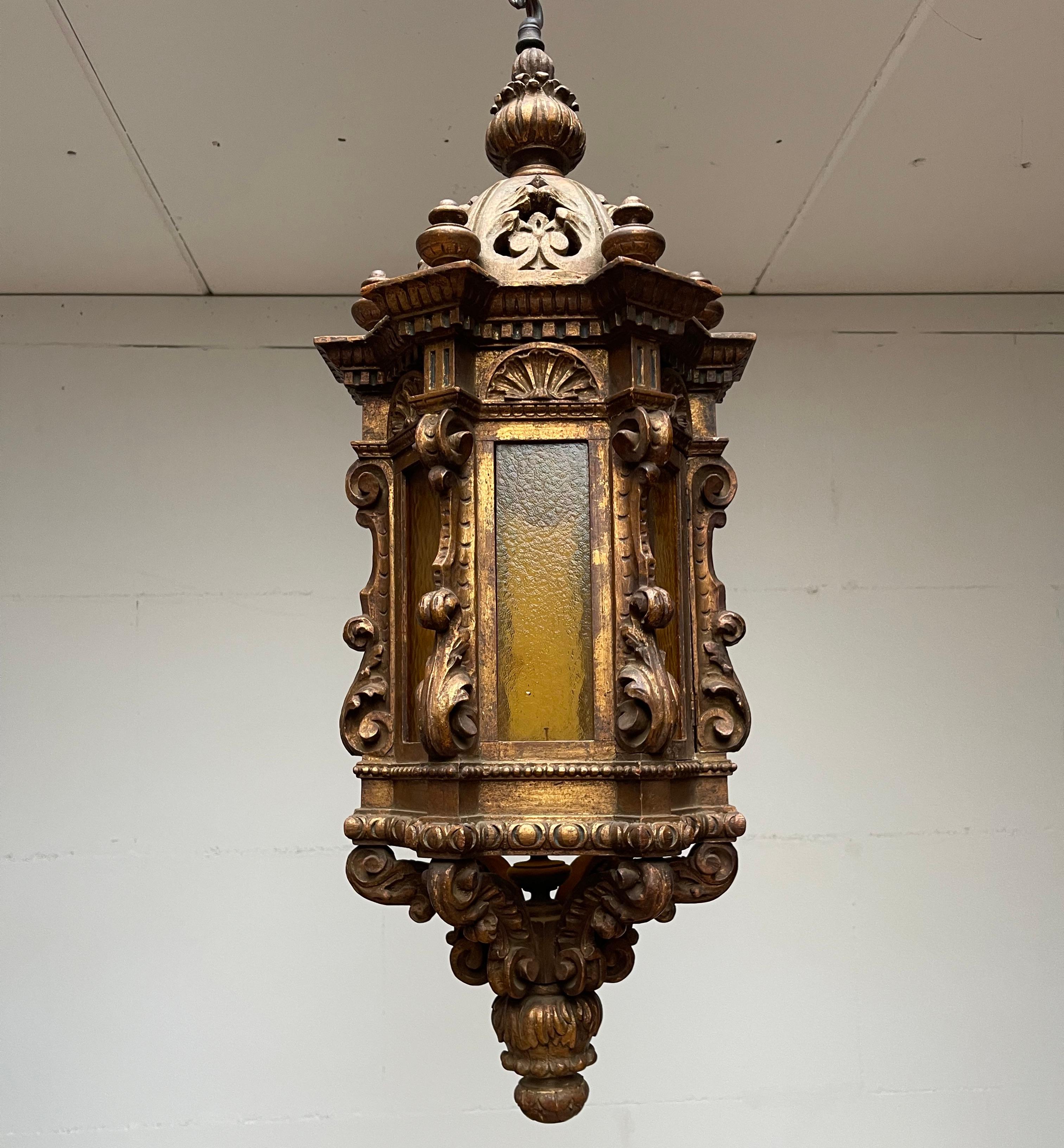 Large Antique Italian Carved Gilt Wood Hall Lantern / Pendant w. Cathedral Glass 14