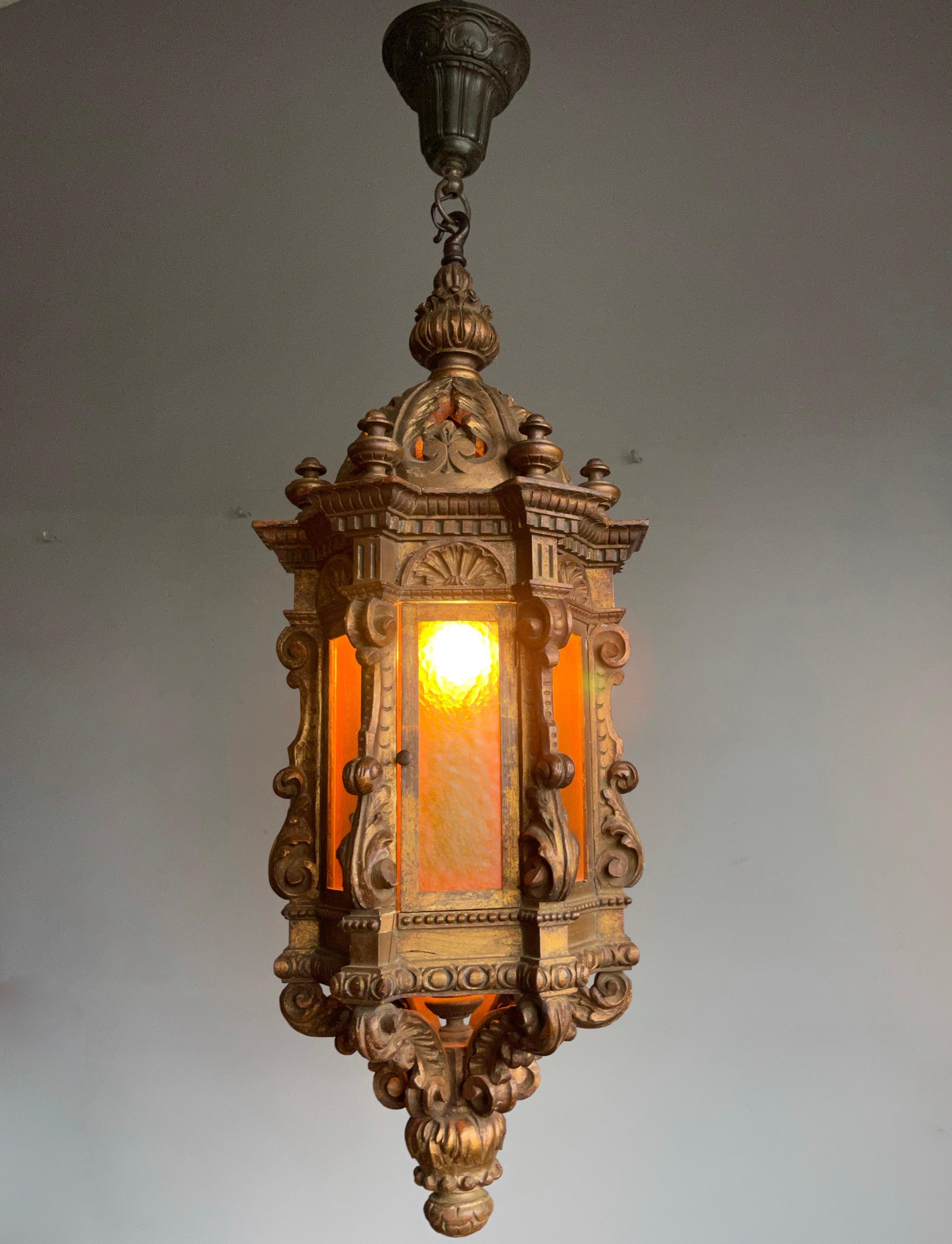 Renaissance Revival Large Antique Italian Carved Gilt Wood Hall Lantern / Pendant w. Cathedral Glass