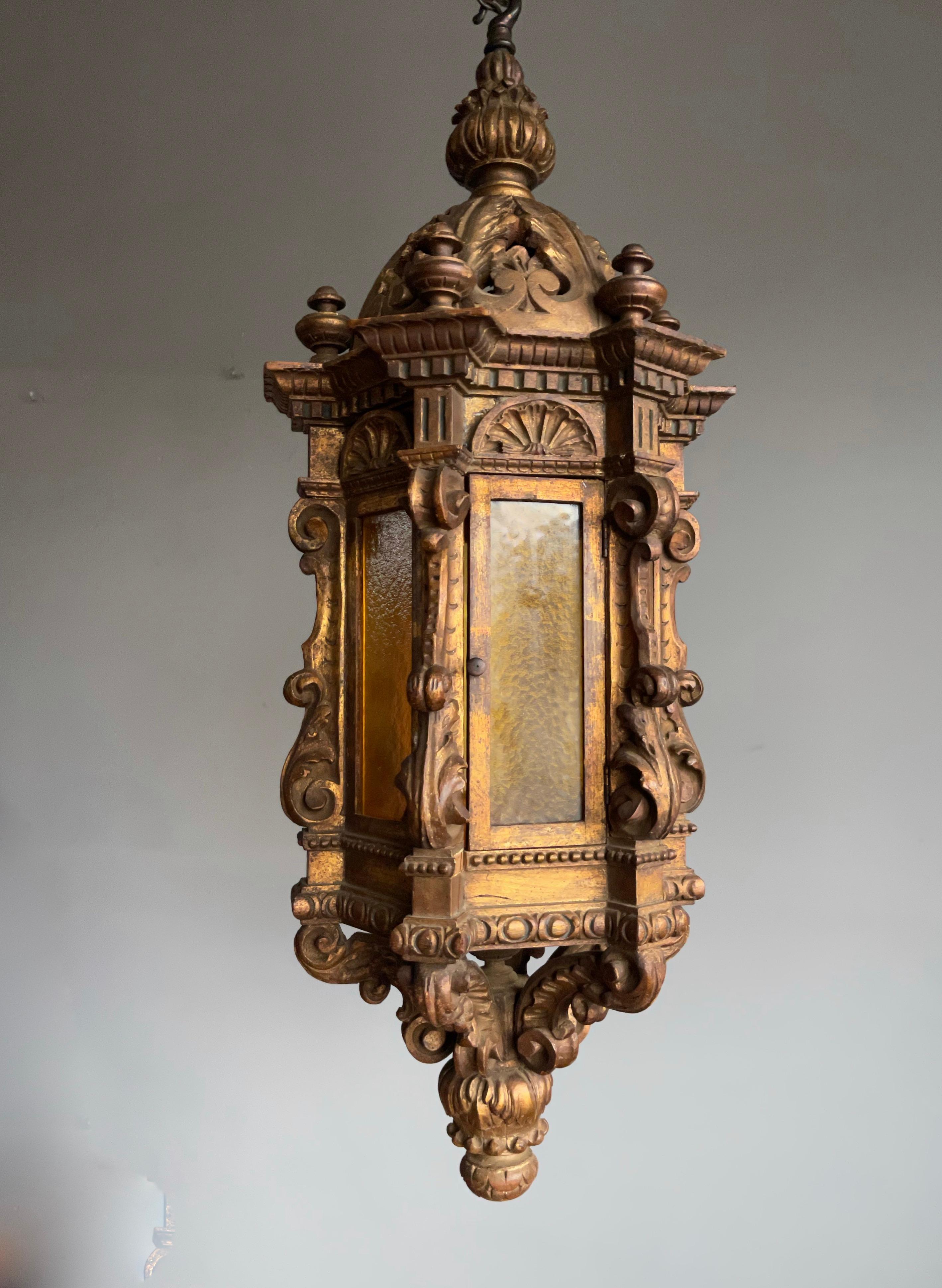 19th Century Large Antique Italian Carved Gilt Wood Hall Lantern / Pendant w. Cathedral Glass