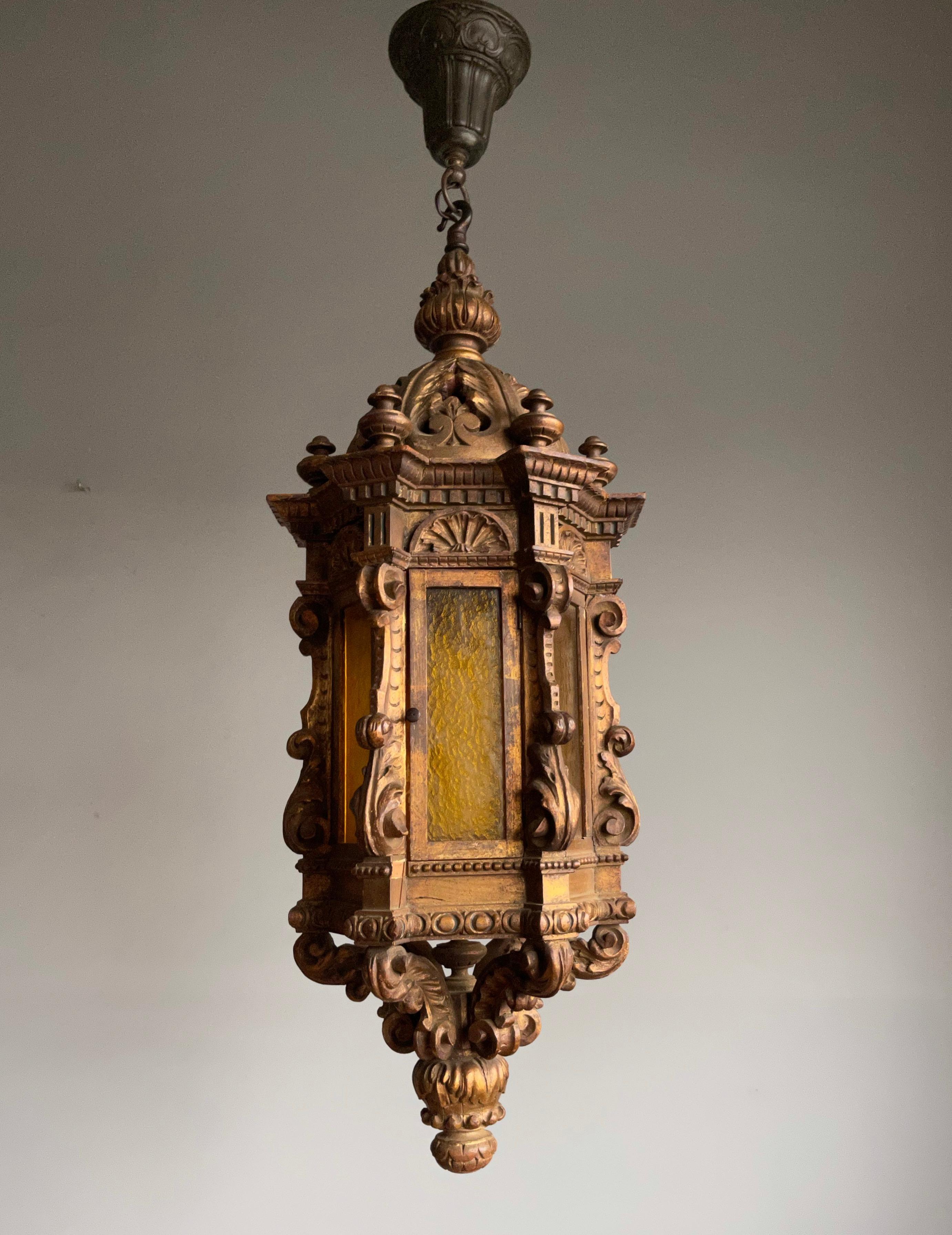 Large Antique Italian Carved Gilt Wood Hall Lantern / Pendant w. Cathedral Glass 3