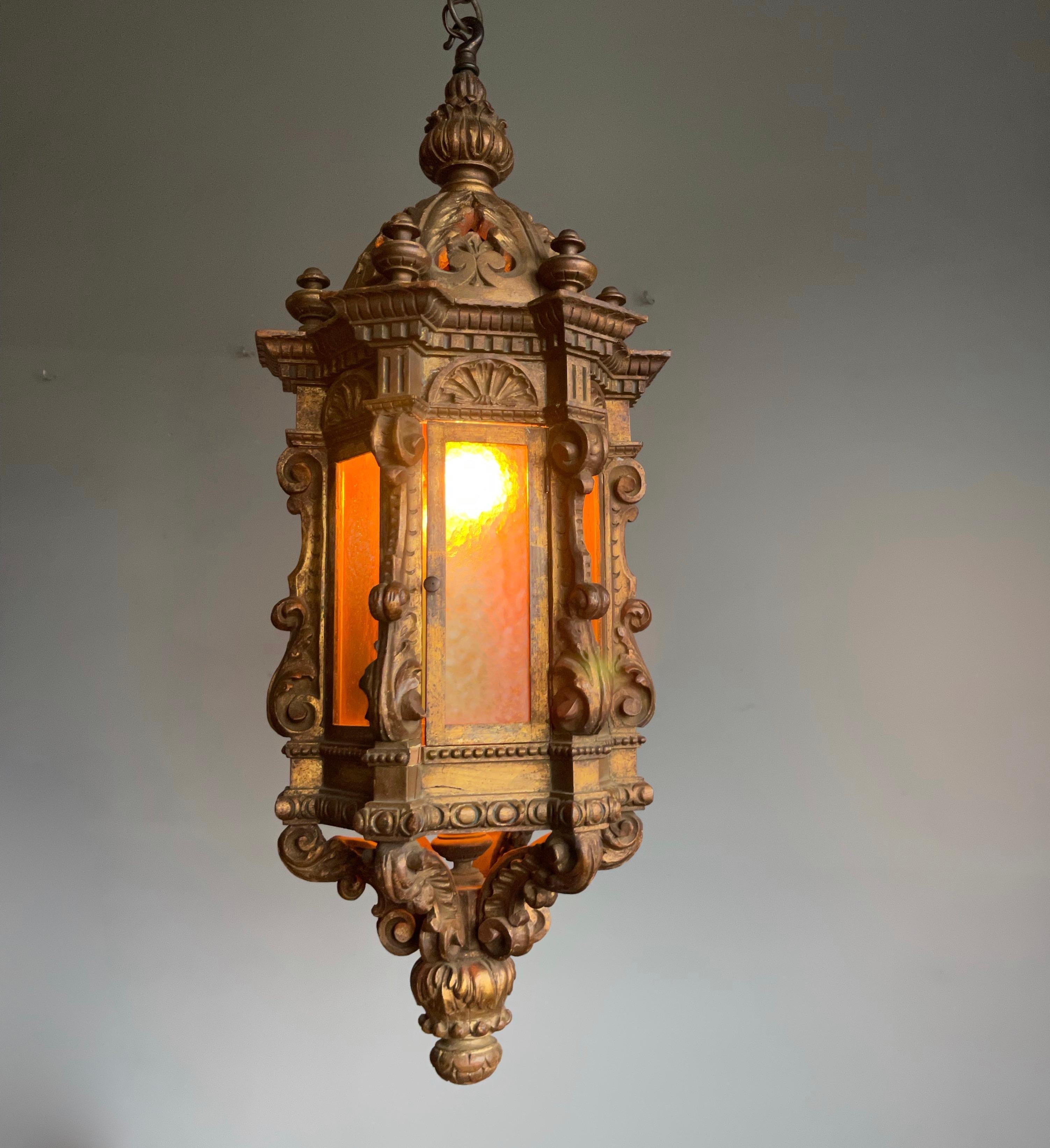 Large Antique Italian Carved Gilt Wood Hall Lantern / Pendant w. Cathedral Glass 5