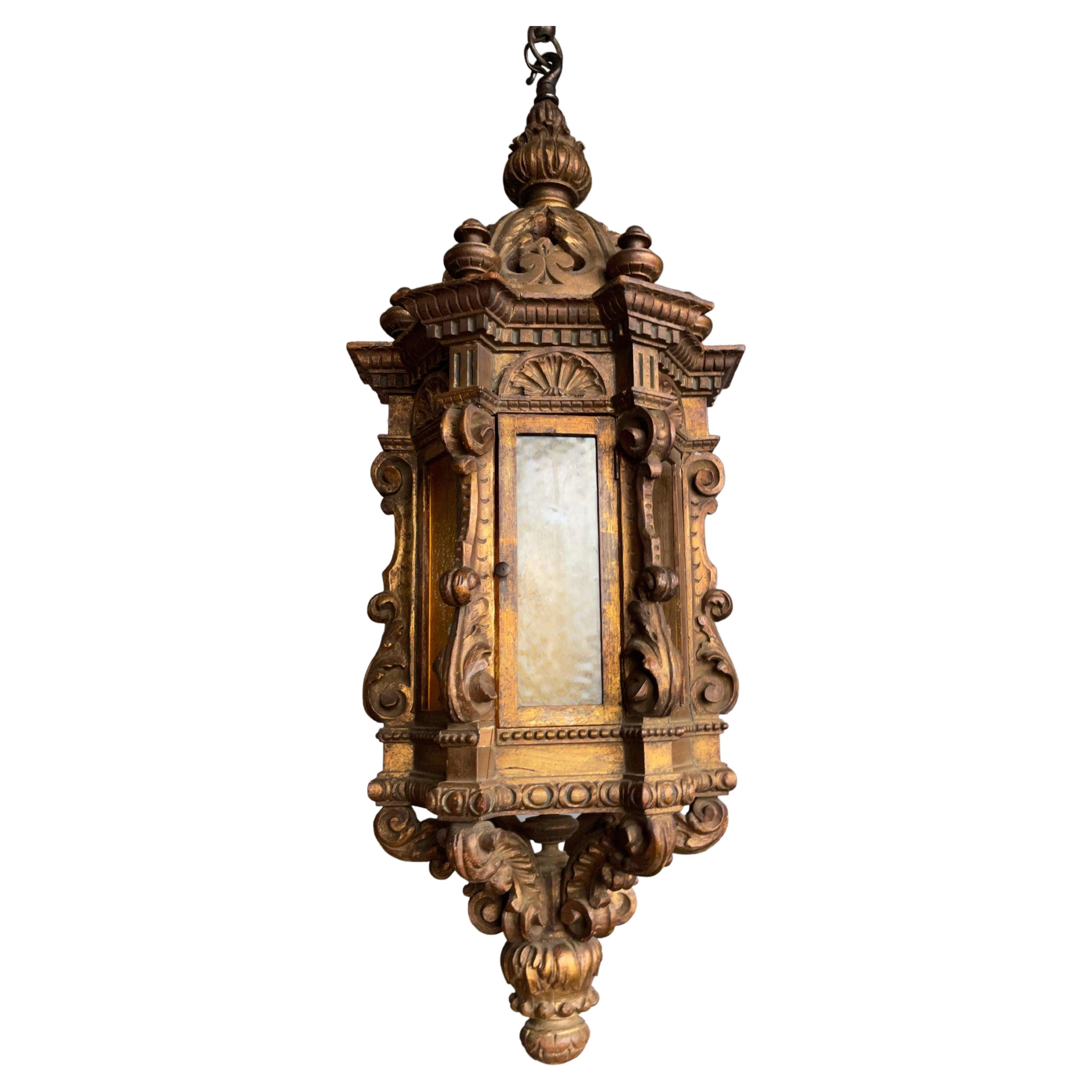 Large Antique Italian Carved Gilt Wood Hall Lantern / Pendant w. Cathedral Glass