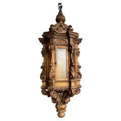 Large Antique Italian Carved Gilt Wood Hall Lantern / Pendant w. Cathedral Glass