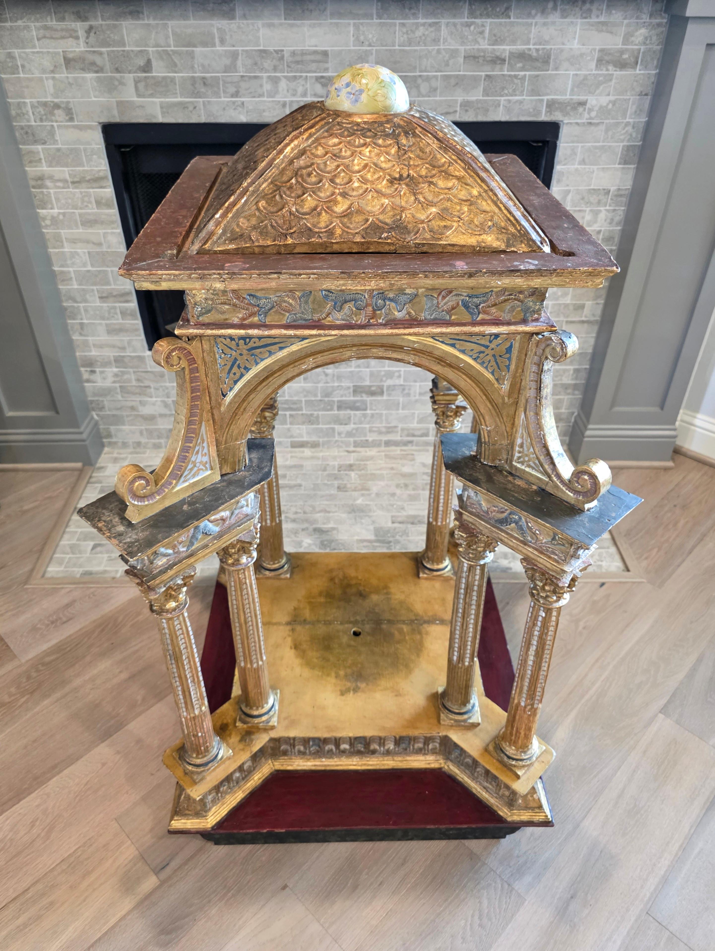 Large Antique Italian Church Carved Gilt Polychrome Tabernacle Altar Niche For Sale 3