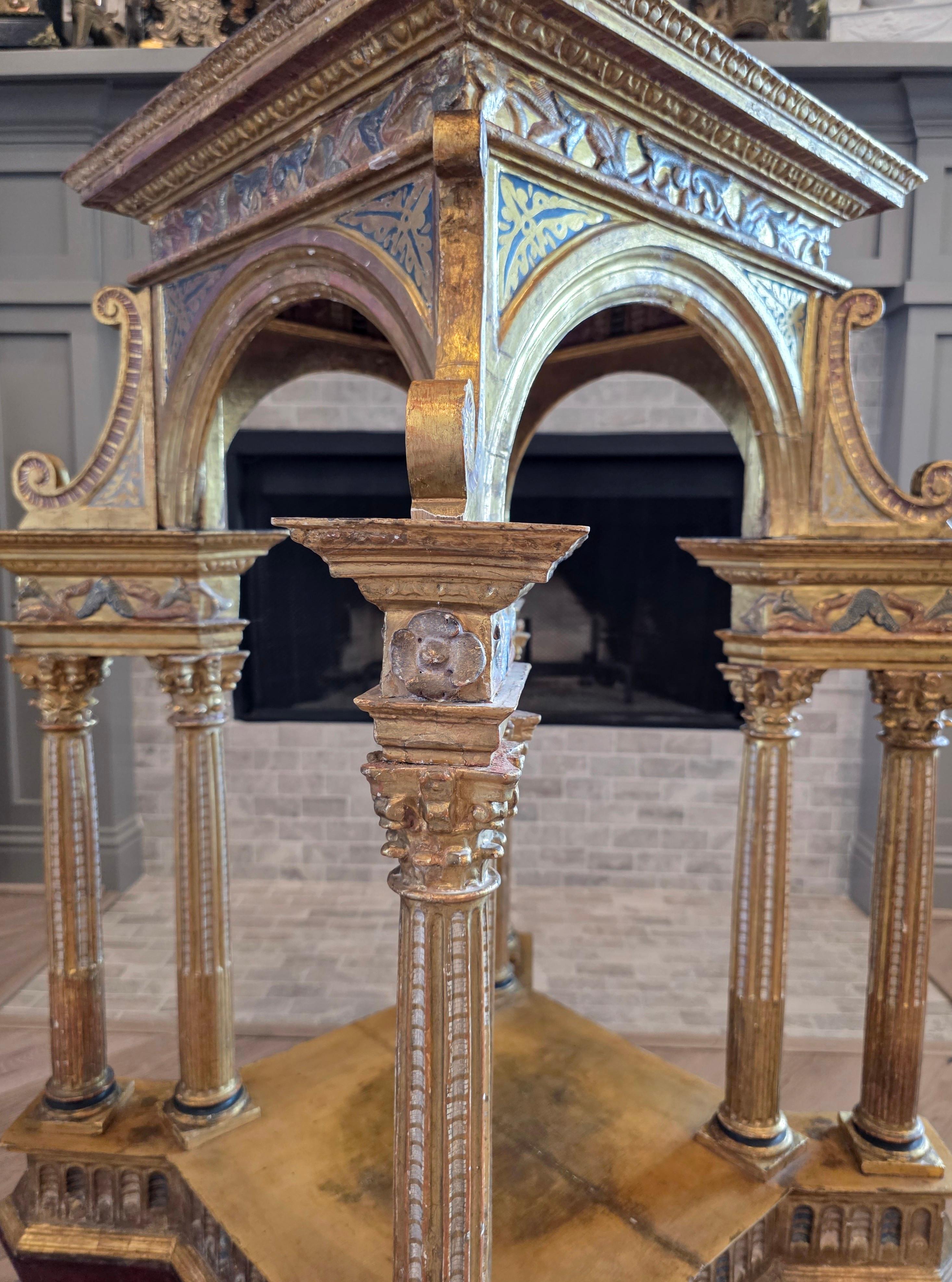 Large Antique Italian Church Carved Gilt Polychrome Tabernacle Altar Niche For Sale 4
