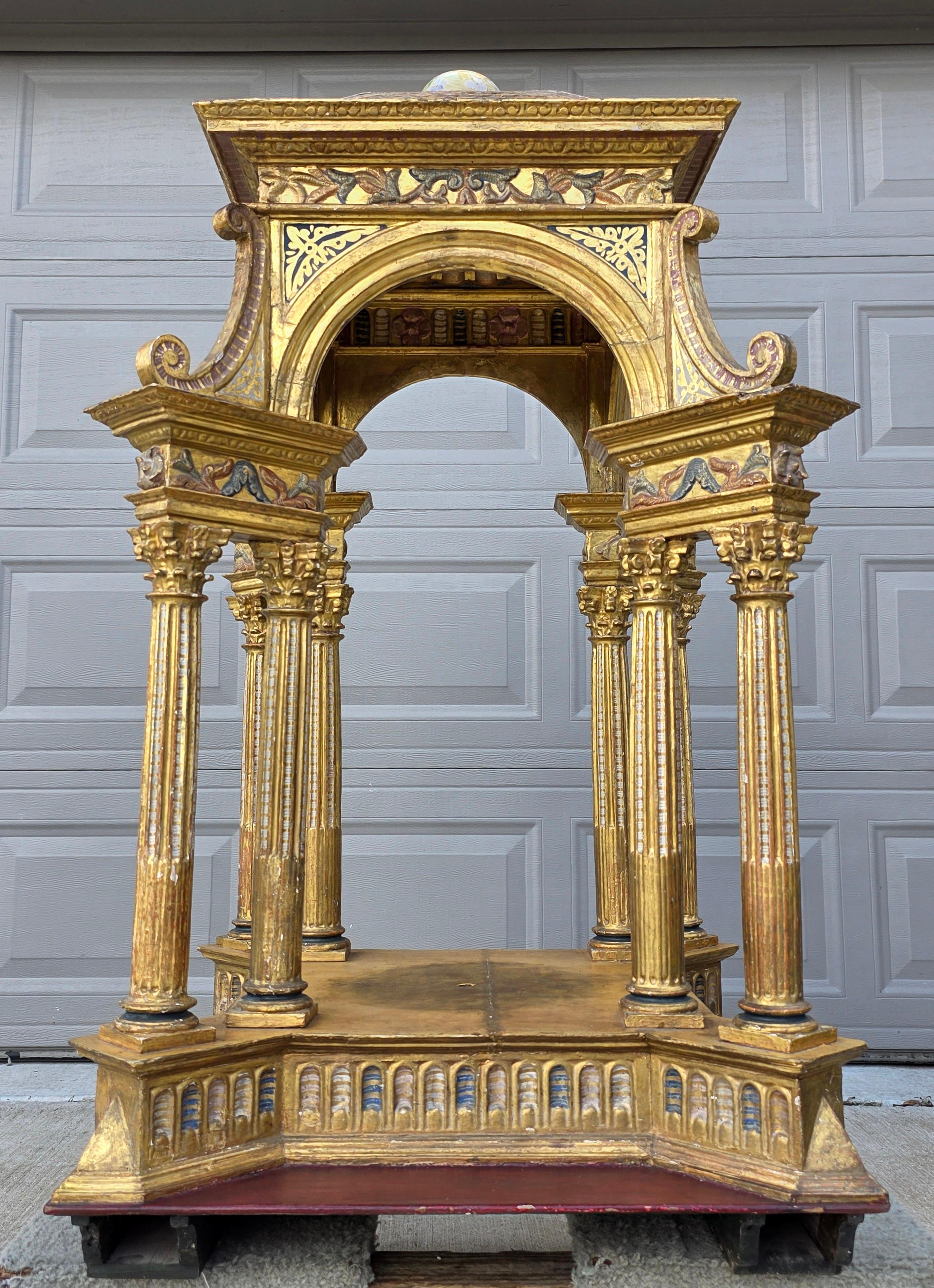 Large Antique Italian Church Carved Gilt Polychrome Tabernacle Altar Niche For Sale 8