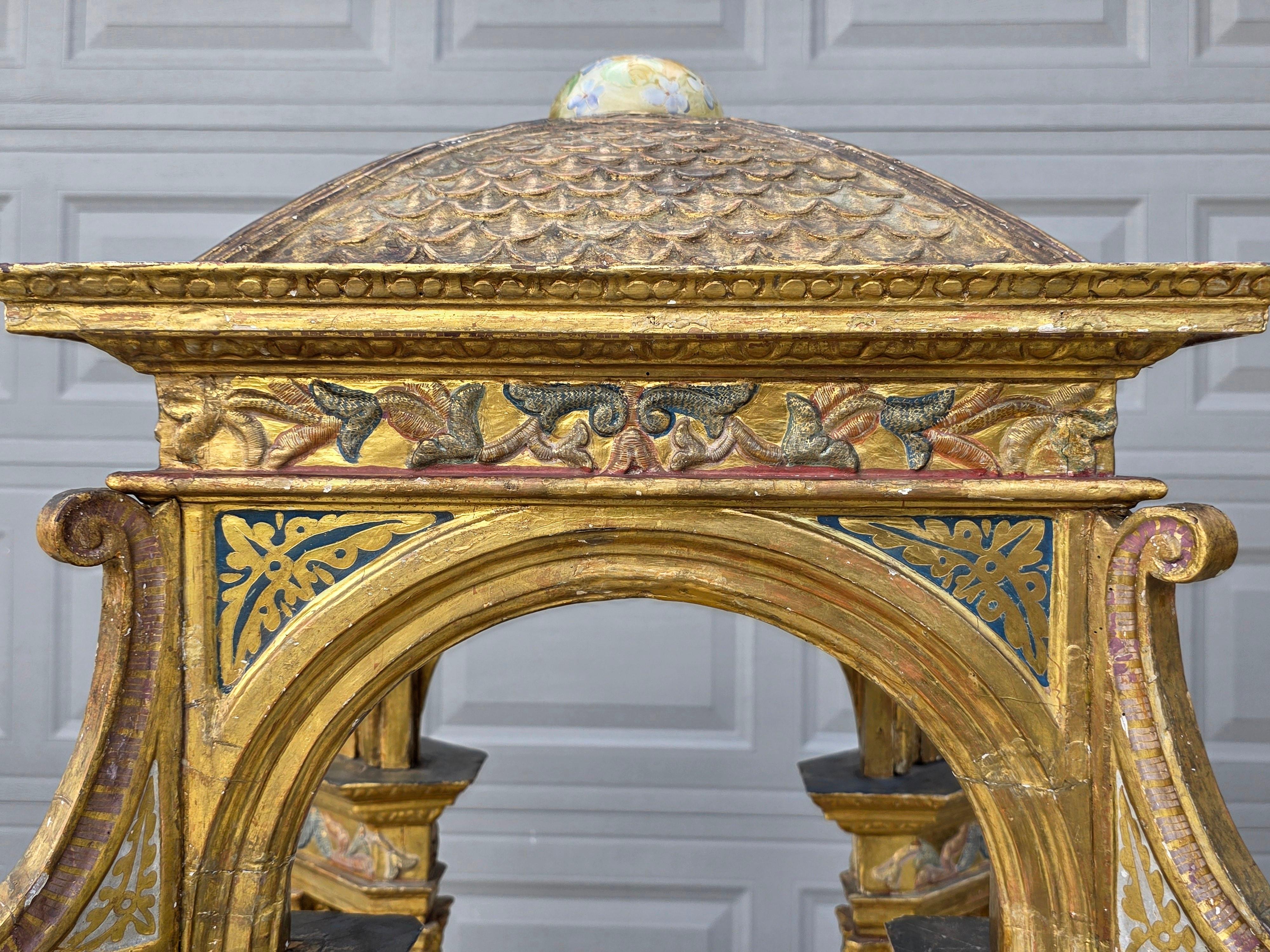 Large Antique Italian Church Carved Gilt Polychrome Tabernacle Altar Niche For Sale 9
