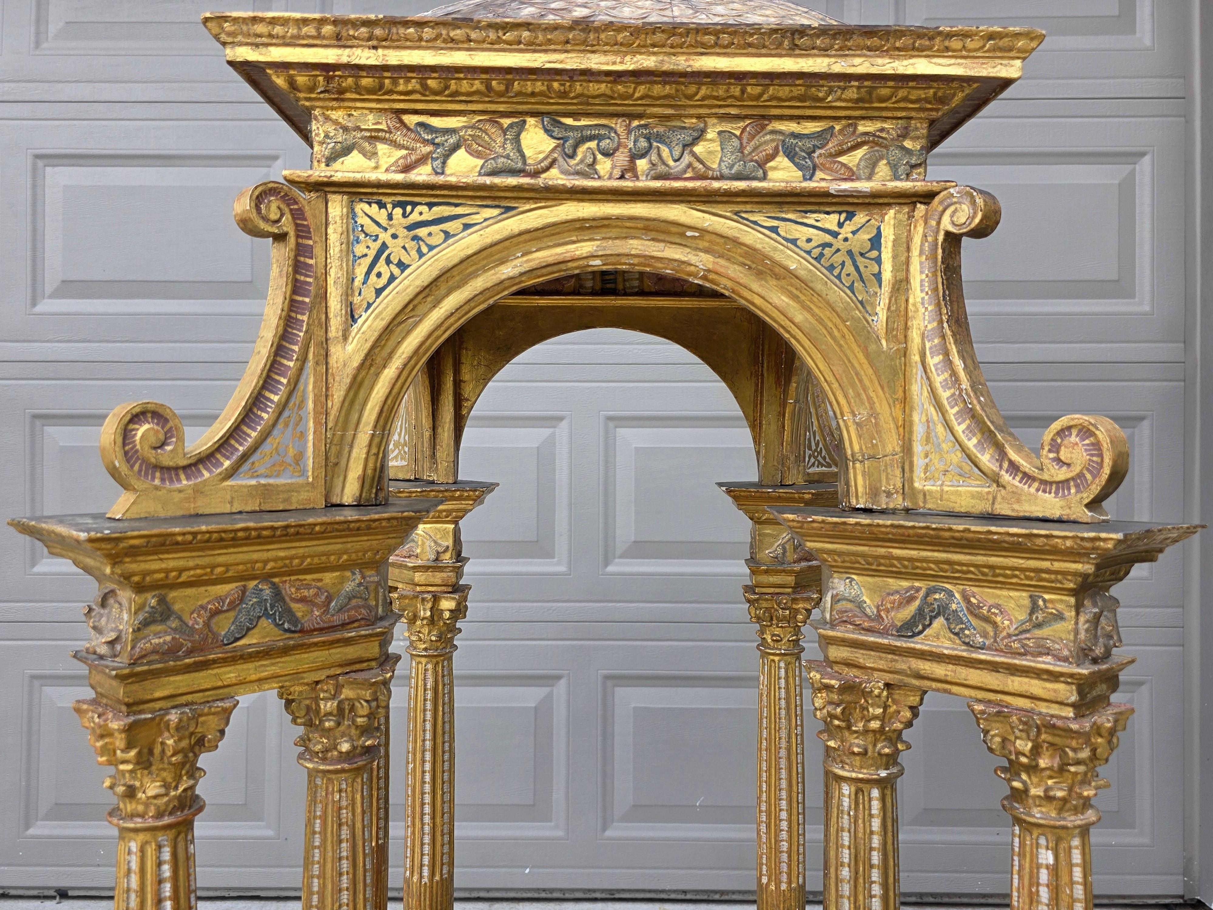 Large Antique Italian Church Carved Gilt Polychrome Tabernacle Altar Niche For Sale 12