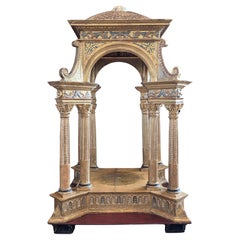Large Antique Italian Church Carved Gilt Polychrome Tabernacle Altar Niche