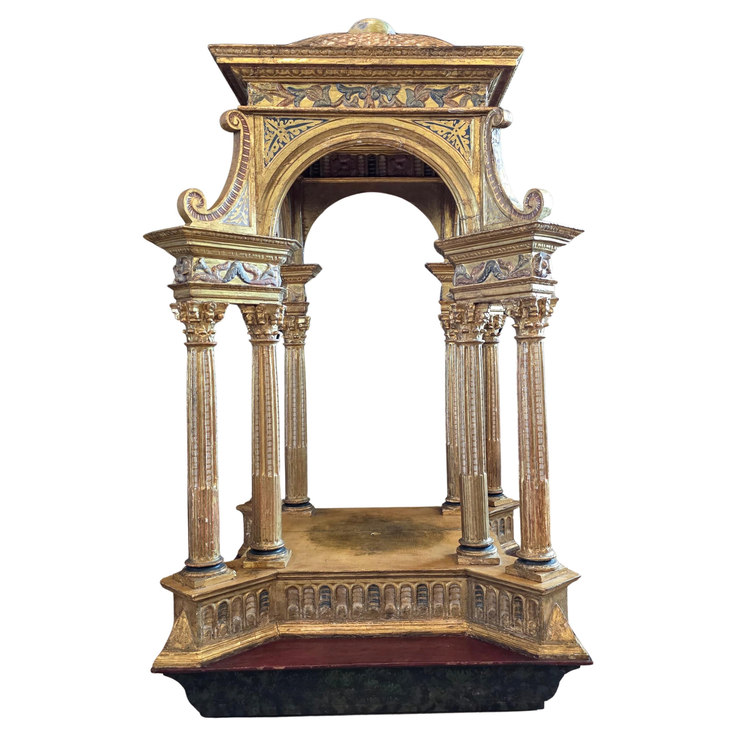Baroque Large Antique Italian Church Carved Gilt Polychrome Tabernacle Altar Niche For Sale