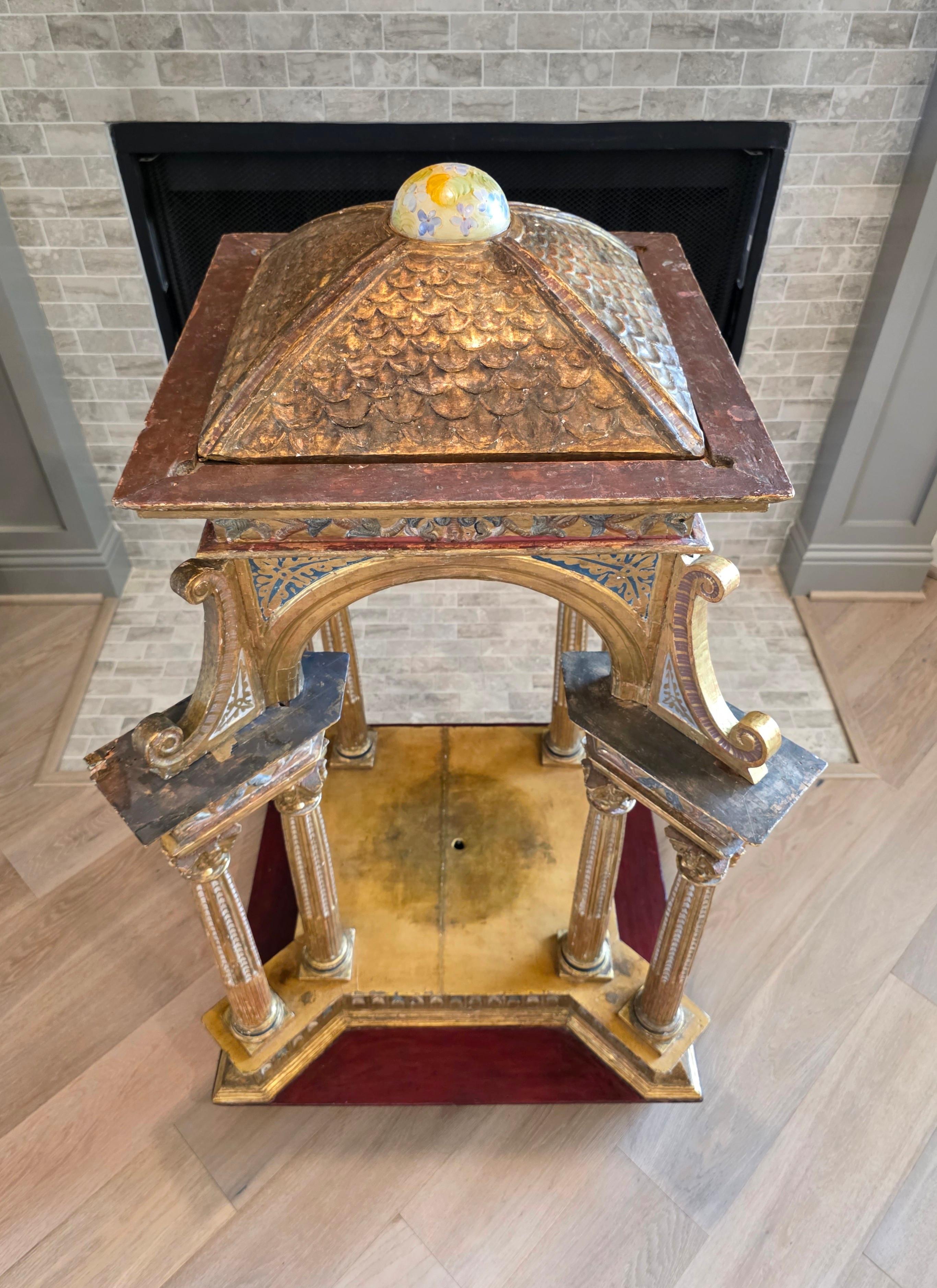 Hand-Carved Large Antique Italian Church Carved Gilt Polychrome Tabernacle Altar Niche For Sale