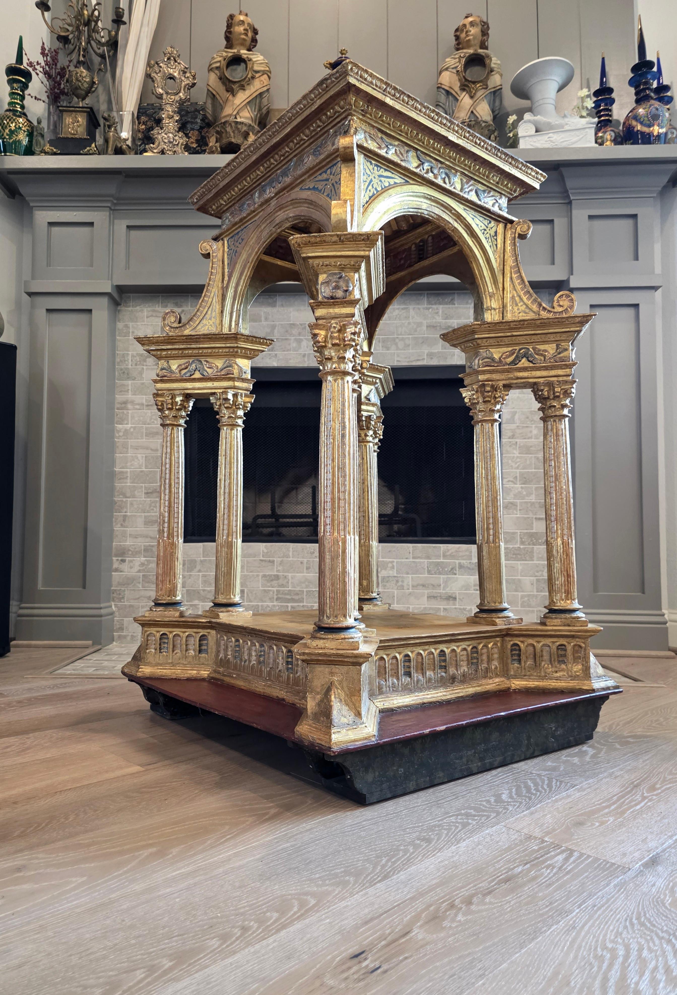 19th Century Large Antique Italian Church Carved Gilt Polychrome Tabernacle Altar Niche For Sale
