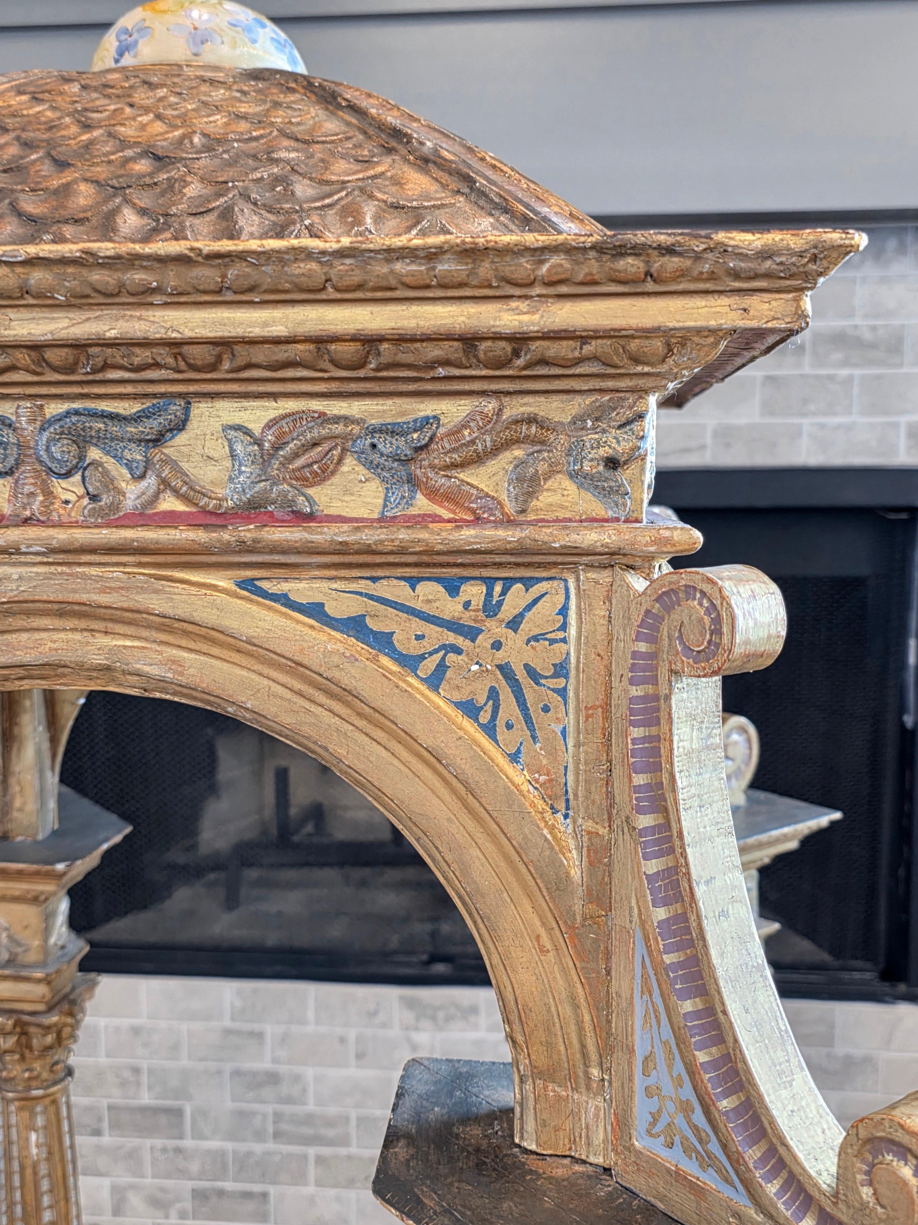 Enamel Large Antique Italian Church Carved Gilt Polychrome Tabernacle Altar Niche For Sale