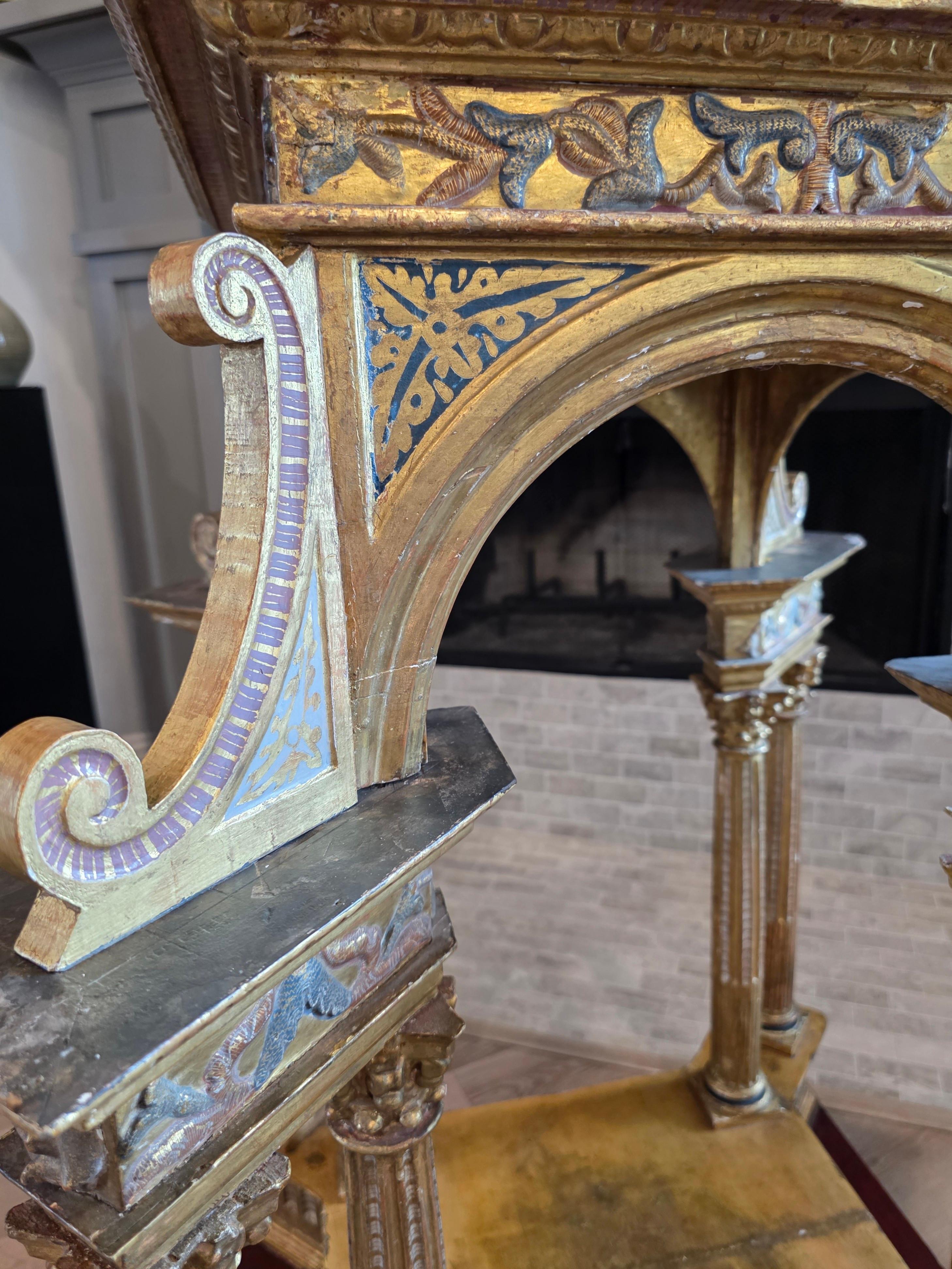 Large Antique Italian Church Carved Gilt Polychrome Tabernacle Altar Niche For Sale 2