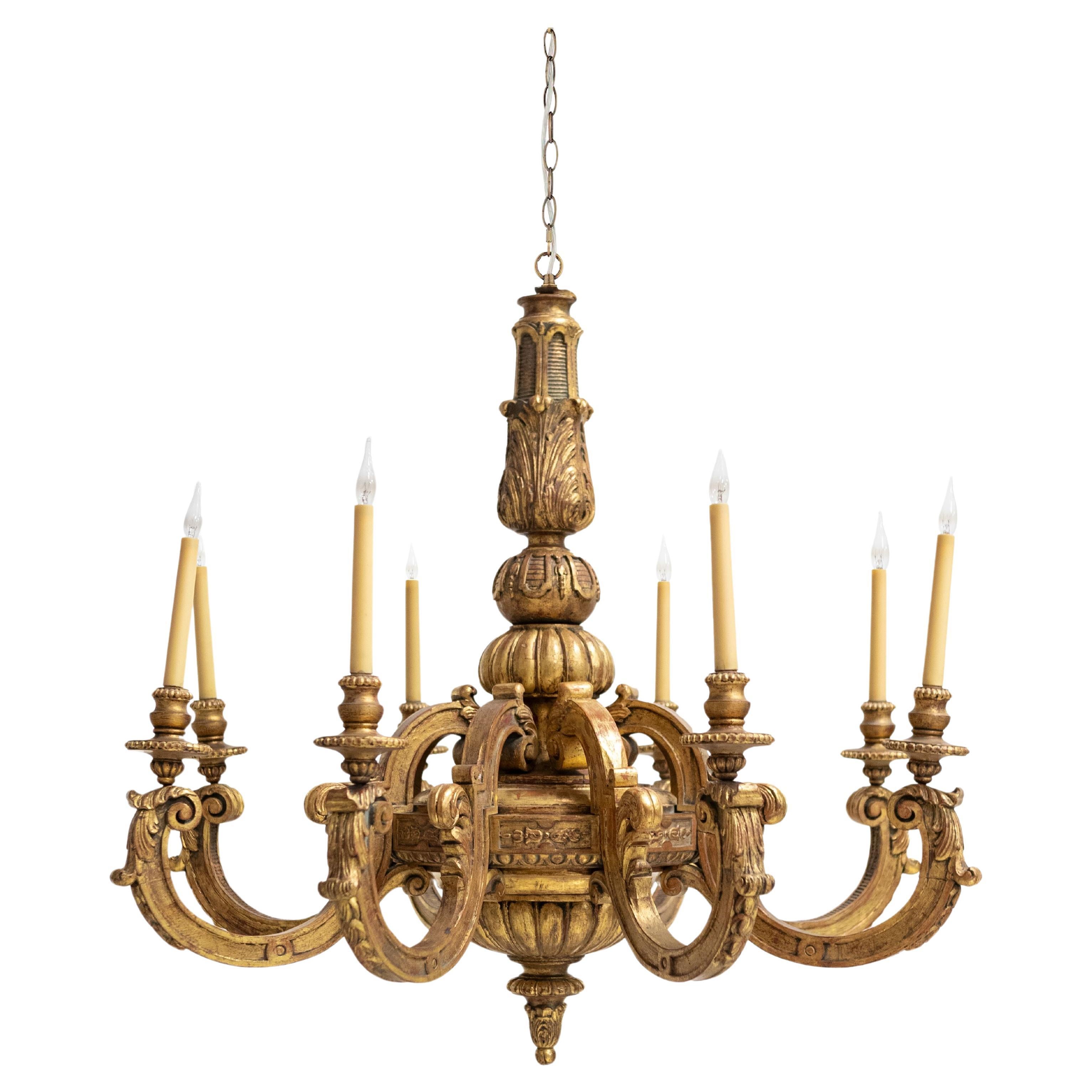 Large Antique Italian Giltwood 19th Century 8 Arm Chandelier For Sale