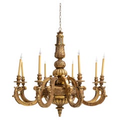 Grand lustre italien ancien en bois doré du 19e siècle à 8 bras de lumière