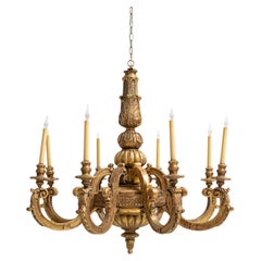 Large Antique Italian Giltwood 19th Century 8 Arm Chandelier