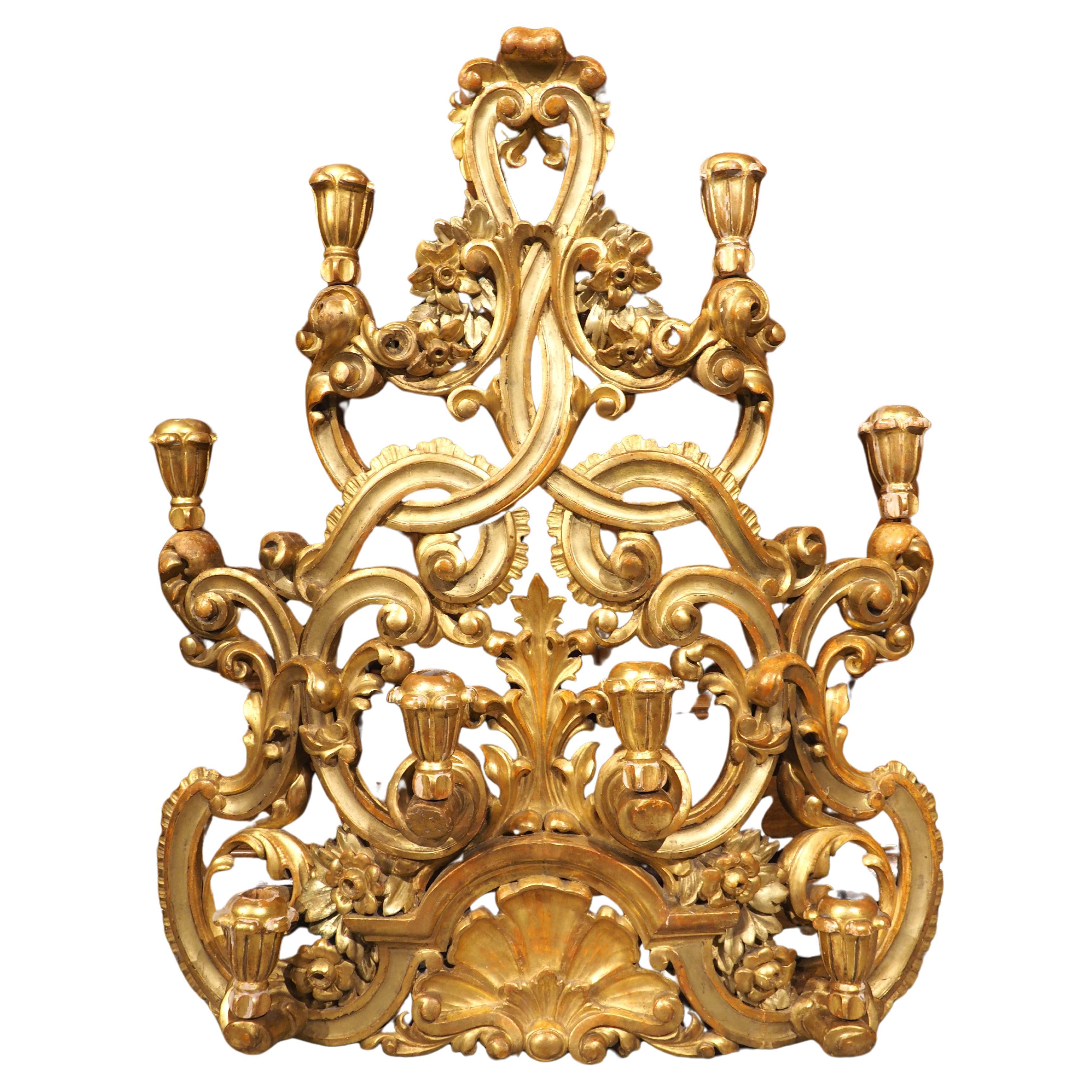 Large Antique Italian Giltwood 8-Light Wall Candelabra, Circa 1750 For Sale