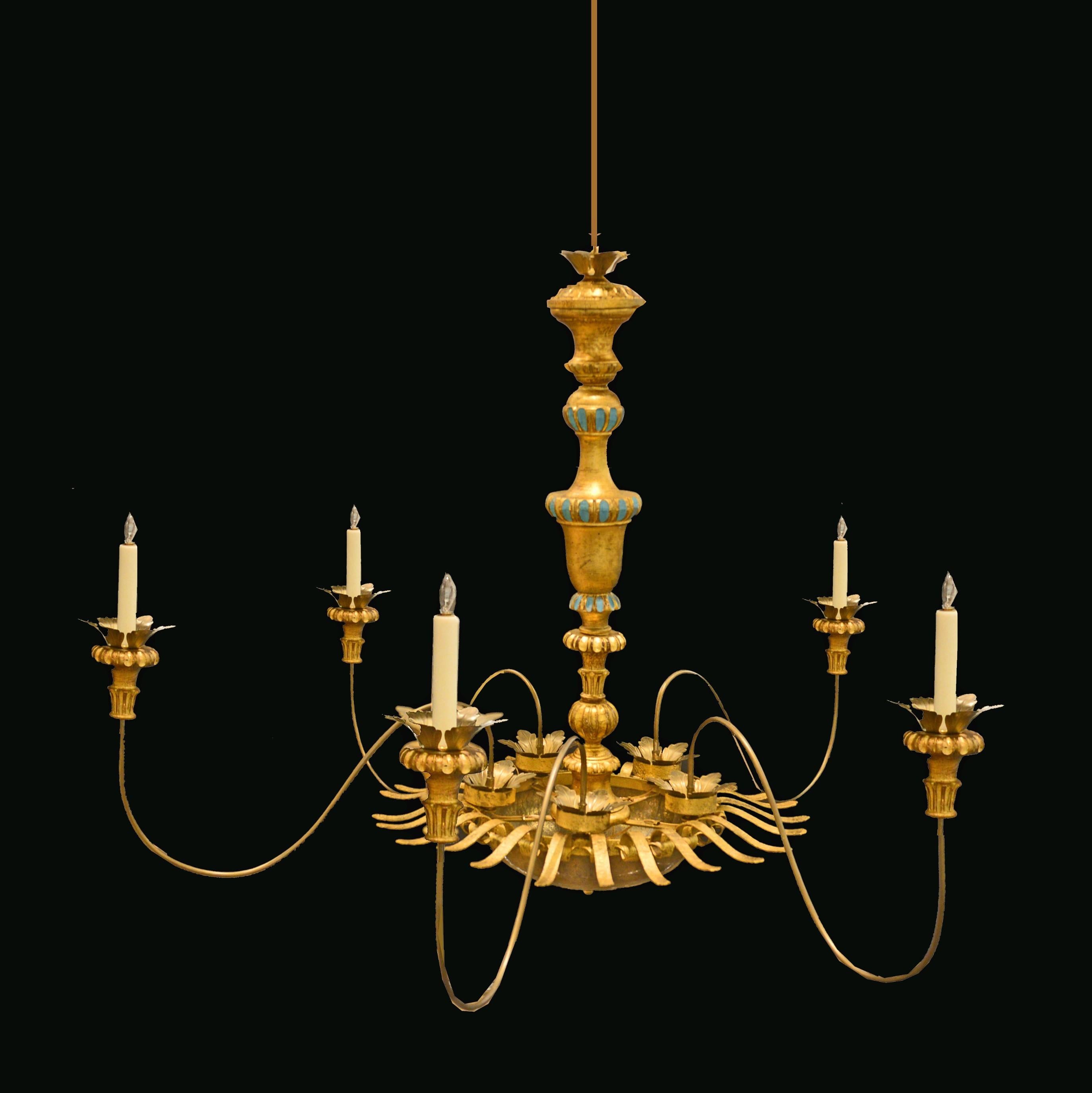 Large antique Italian giltwood and bronze sunburst six-light chandelier, in the neoclassical style with six long graceful arms. Measures: 46