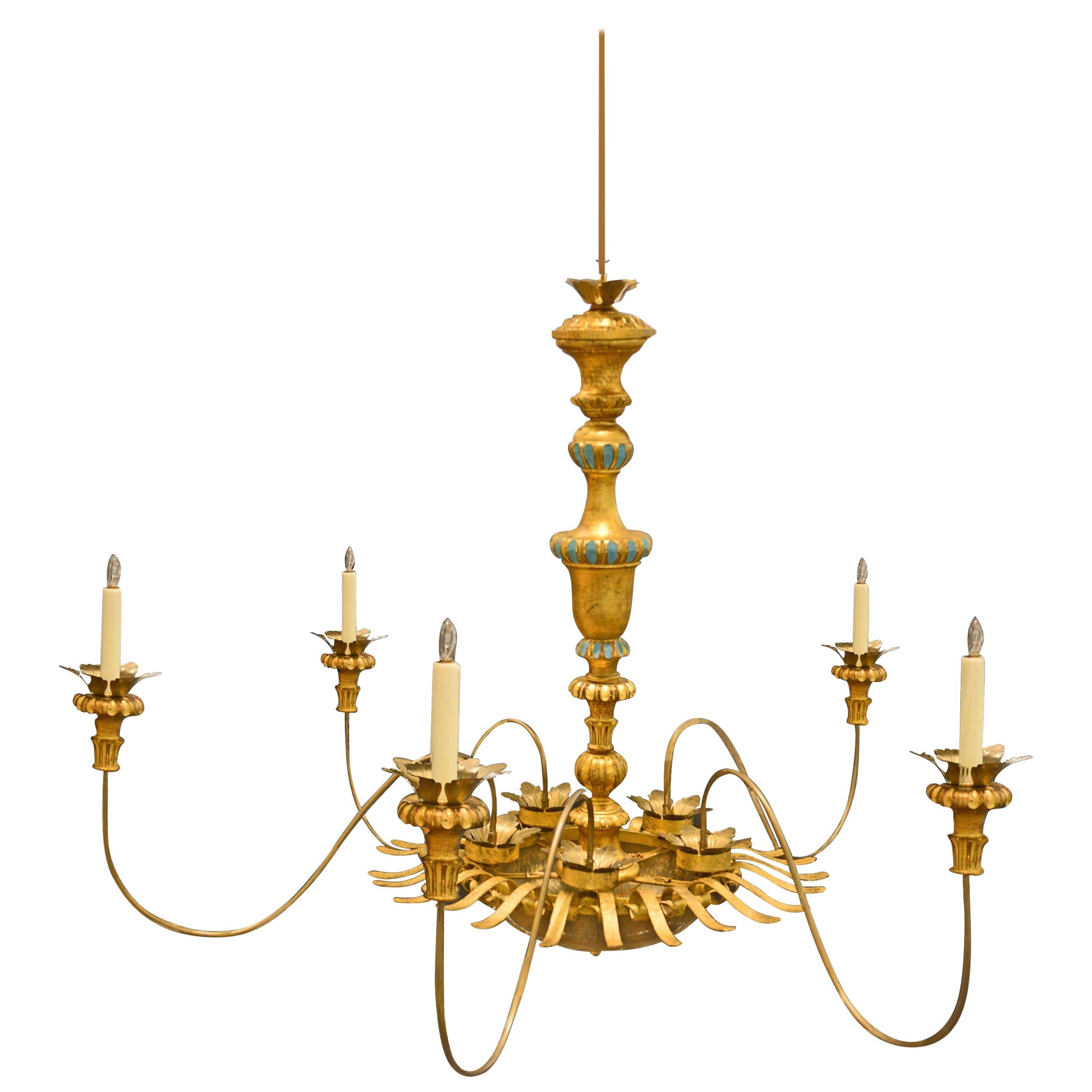 Large Antique Italian Giltwood and Bronze Sunburst Six-Light Chandelier For Sale