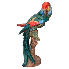 Gran guacamayo italiano antiguo de mayólica sobre árbol de Ugo Zaccagnini