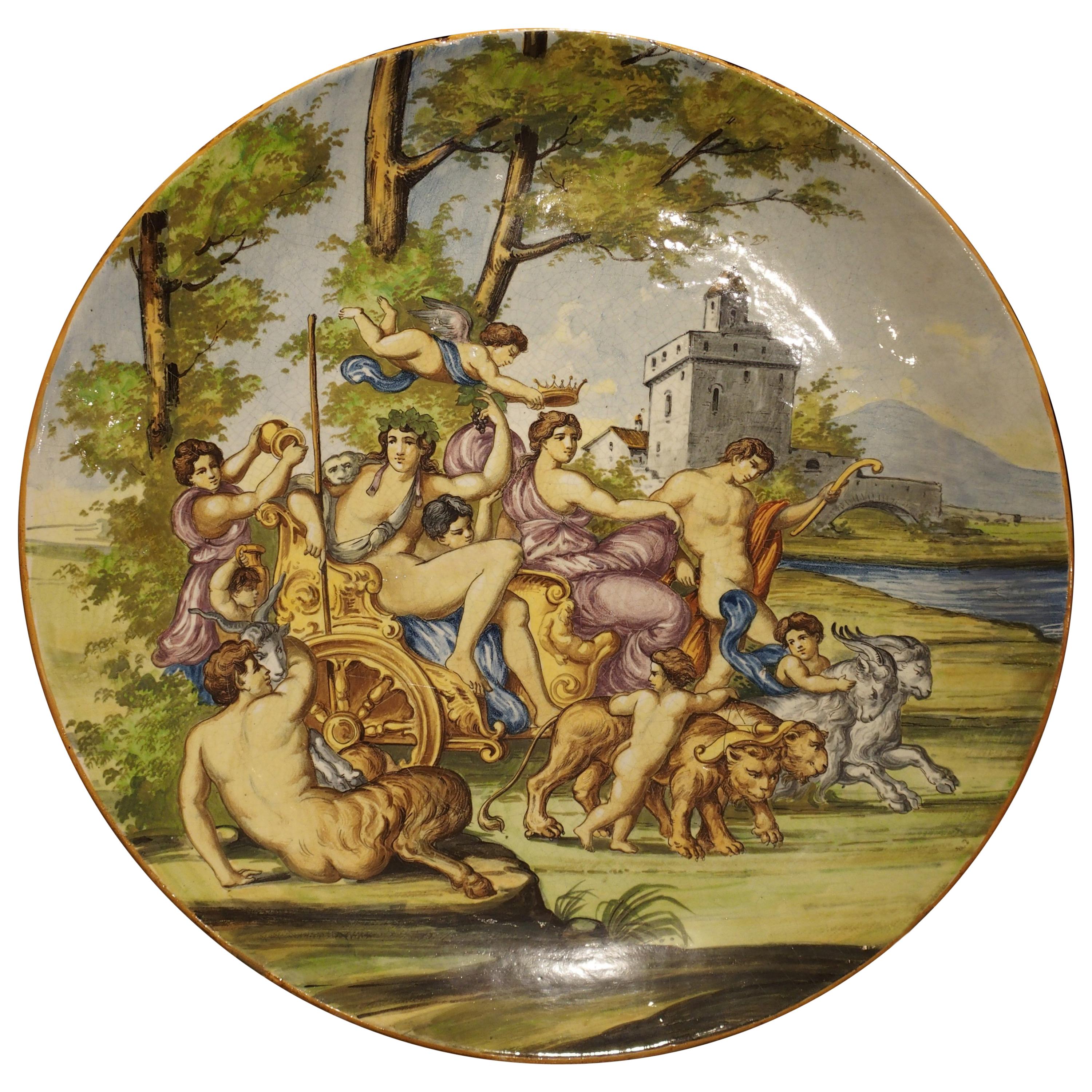 Large Antique Italian Majolica Platter, Bacchus and Ariadne For Sale