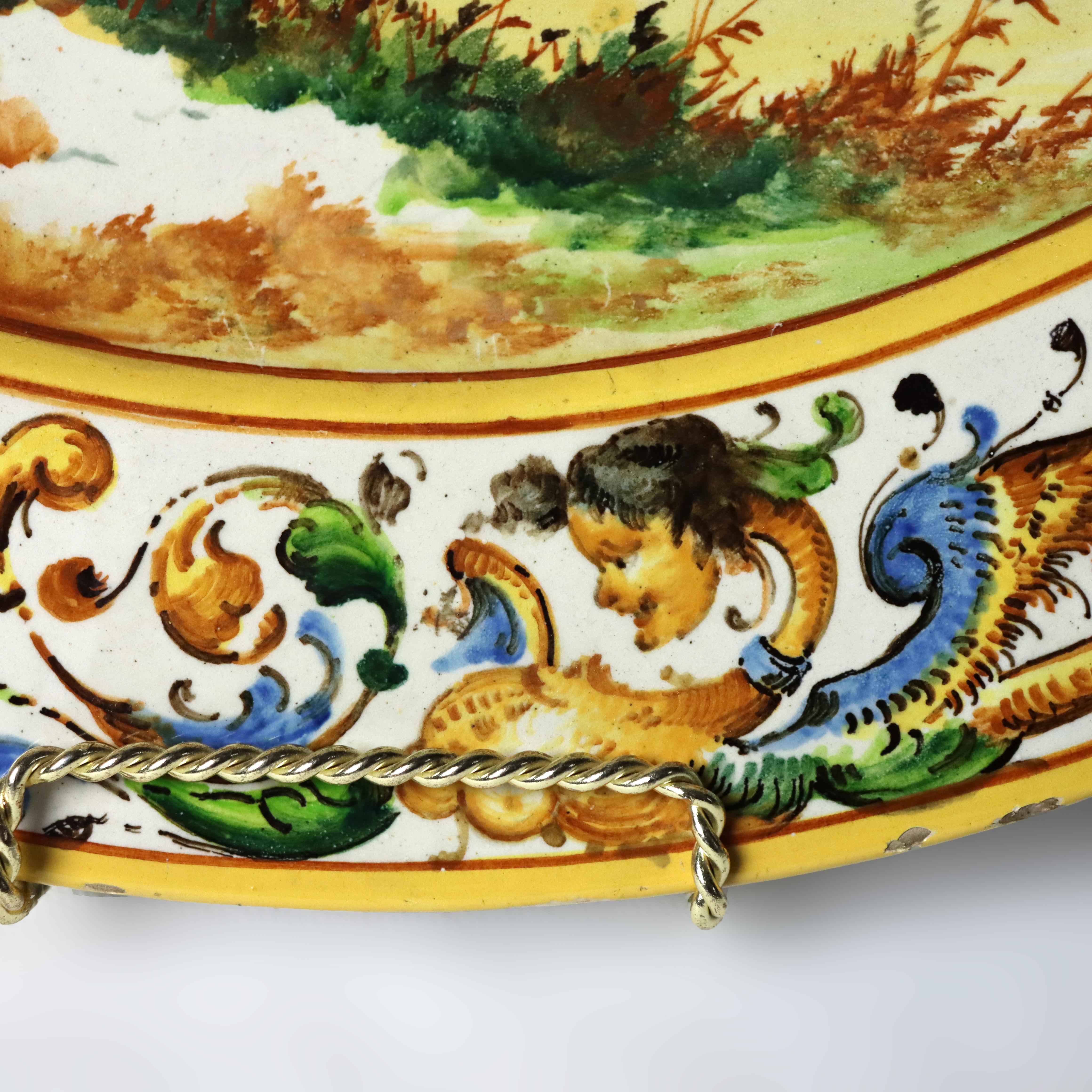 Grand chargeur italien néoclassique en poterie majolique signé 19e siècle (2 1/8