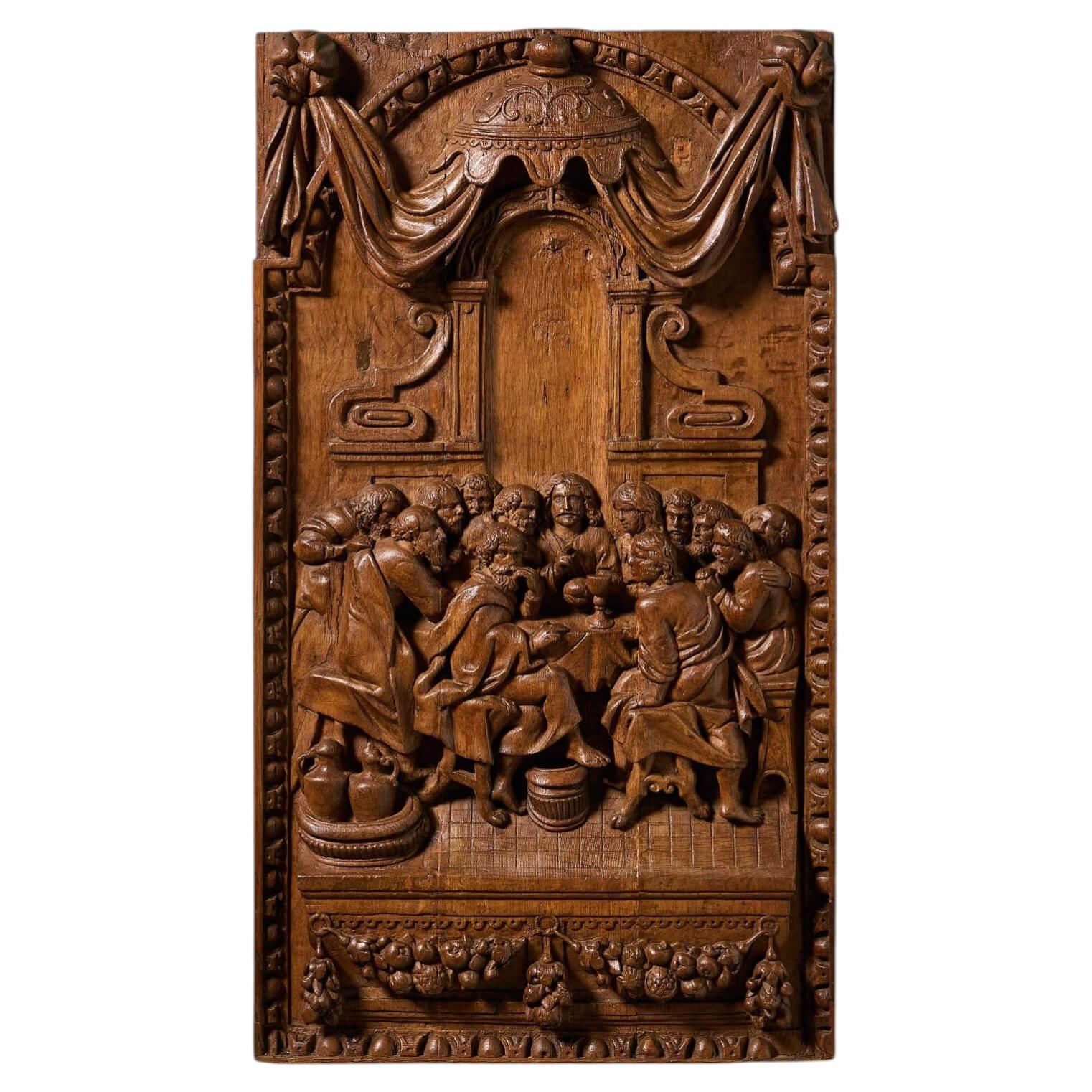 Large Antique Italian Oak Carving Depicting the Last Supper For Sale