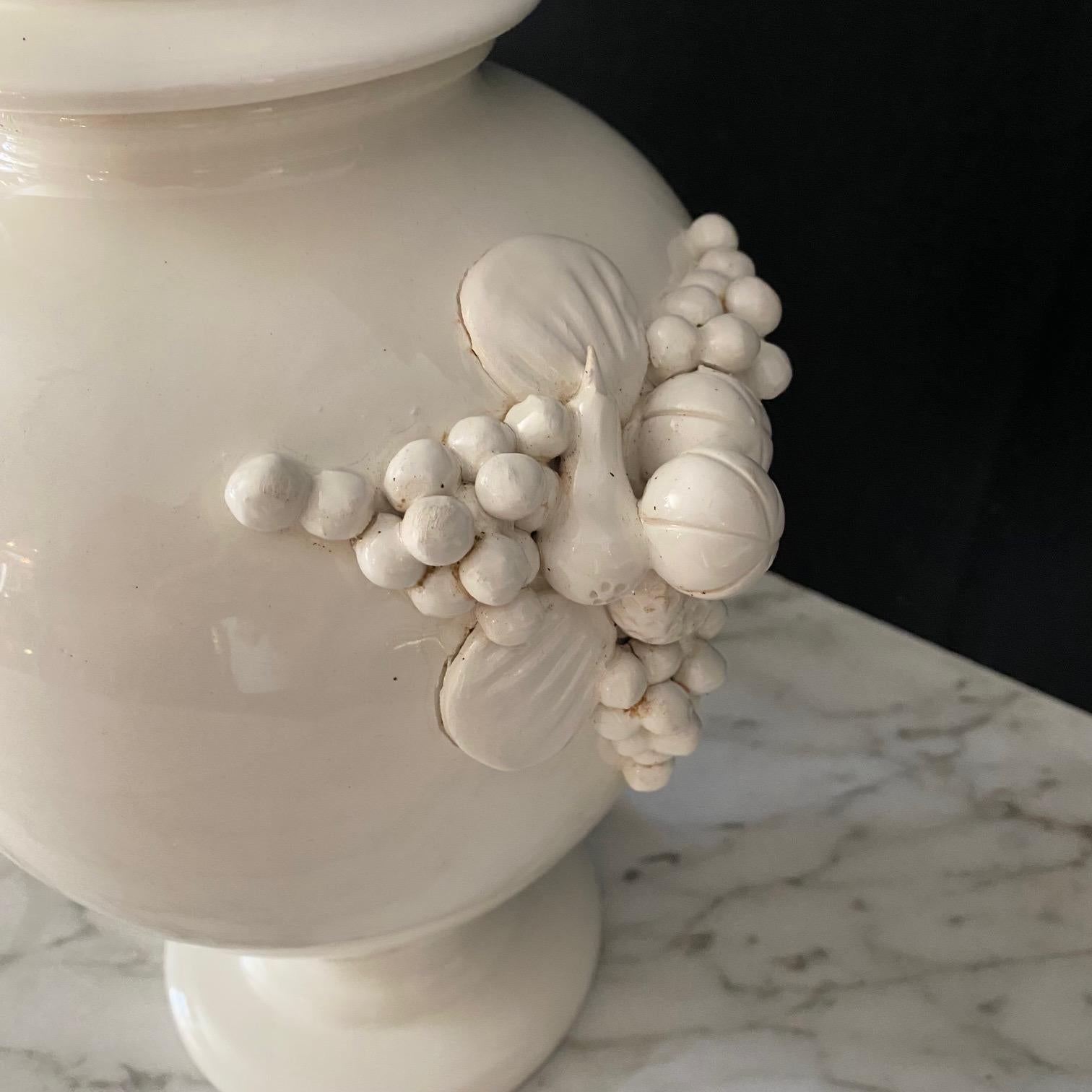Large Antique Italian Pair of White Ceramic Apothecary Style Urn Vases In Good Condition In Hopewell, NJ