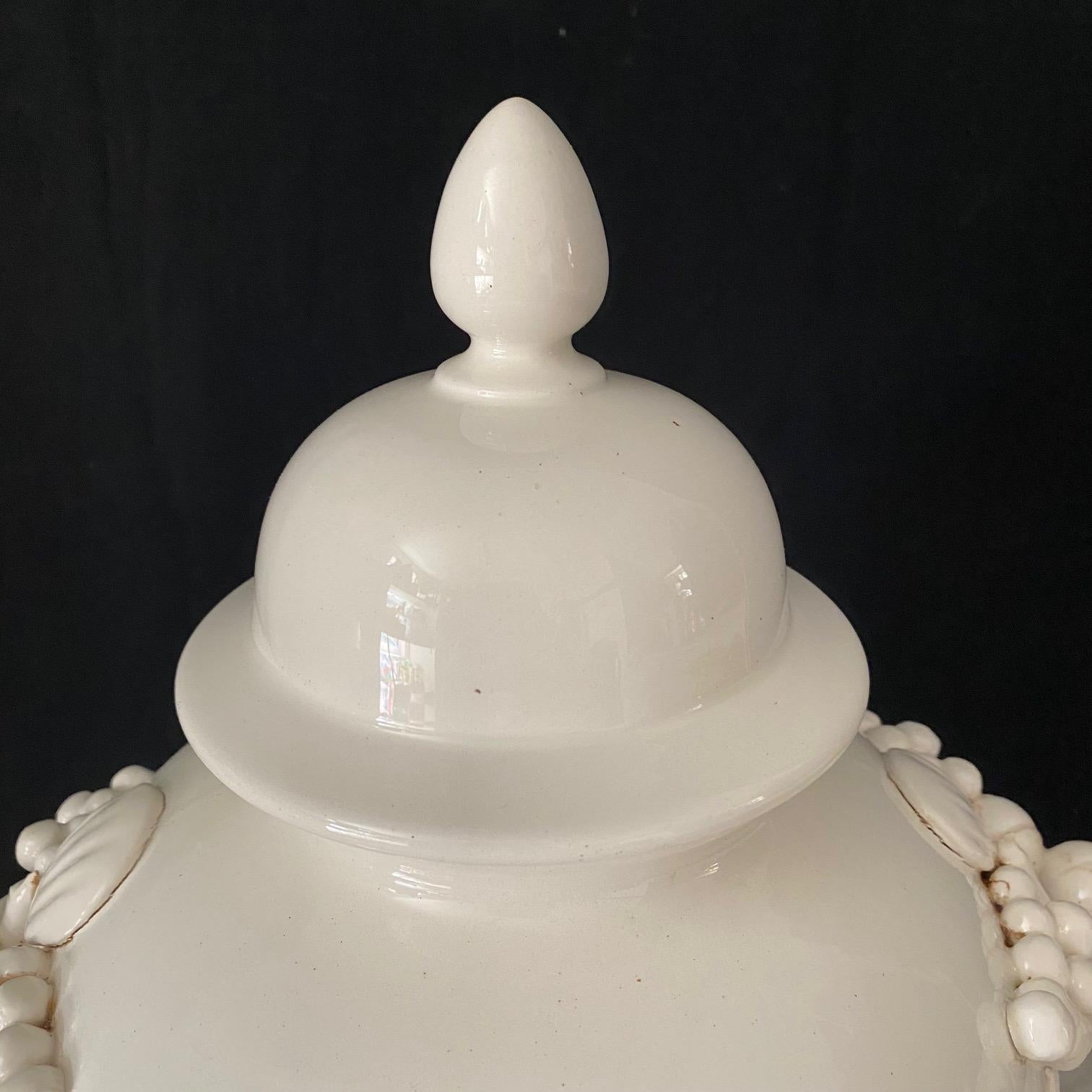 Late 19th Century Large Antique Italian Pair of White Ceramic Apothecary Style Urn Vases