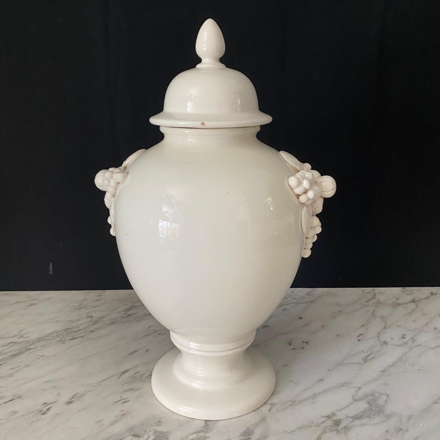  Large Antique Italian Pair of White Ceramic Apothecary Style Urn Vases  For Sale 1