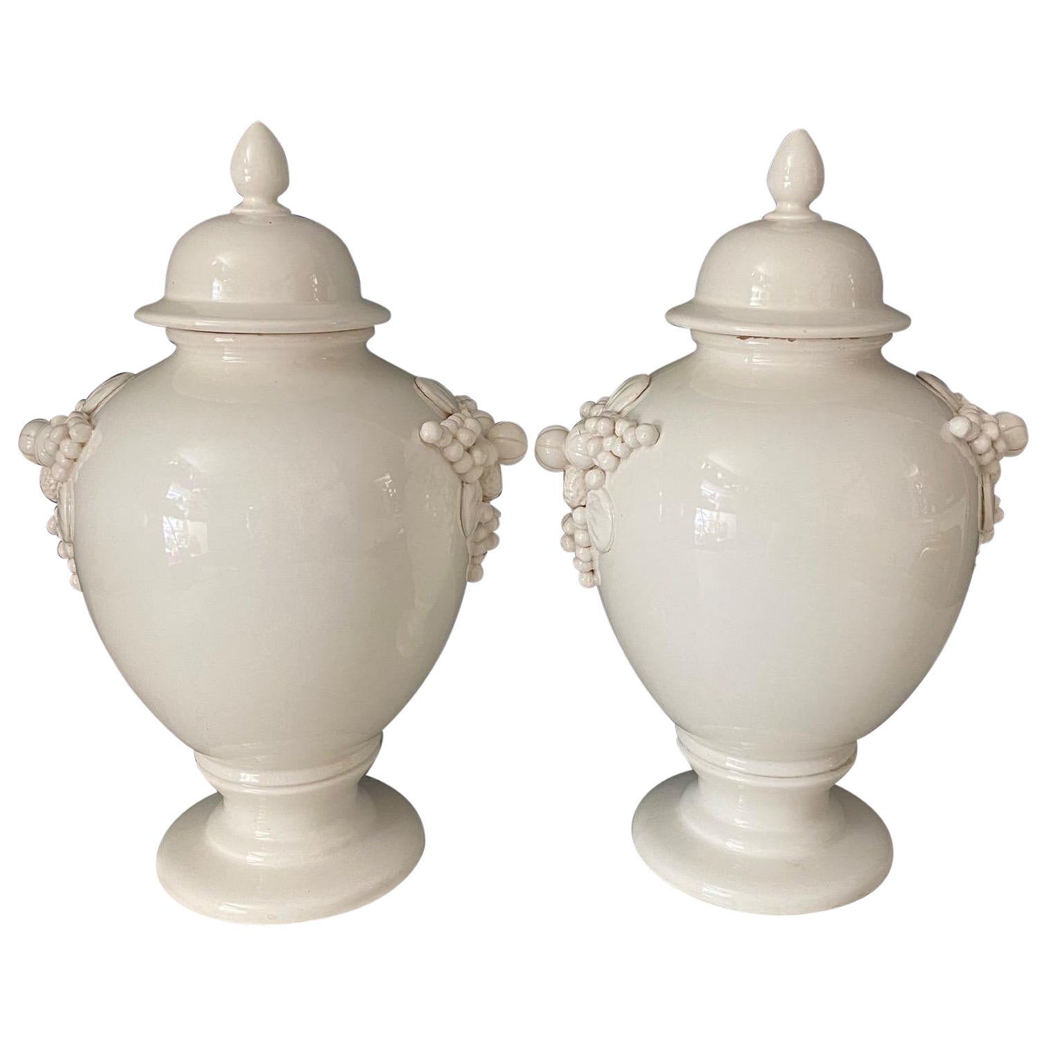 Large Antique Italian Pair of White Ceramic Apothecary Style Urn Vases