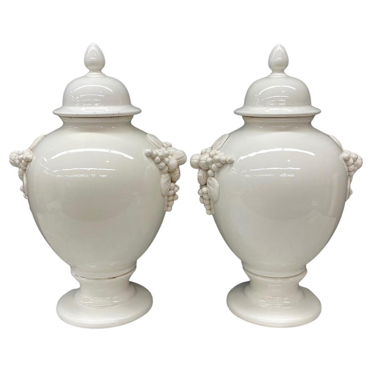 Large Antique Italian Pair of White Ceramic Apothecary Style Urn Vases