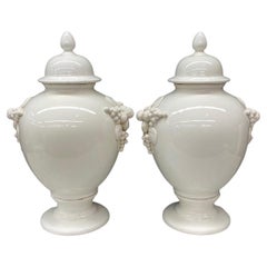 Large Antique Italian Pair of White Ceramic Apothecary Style Urn Vases
