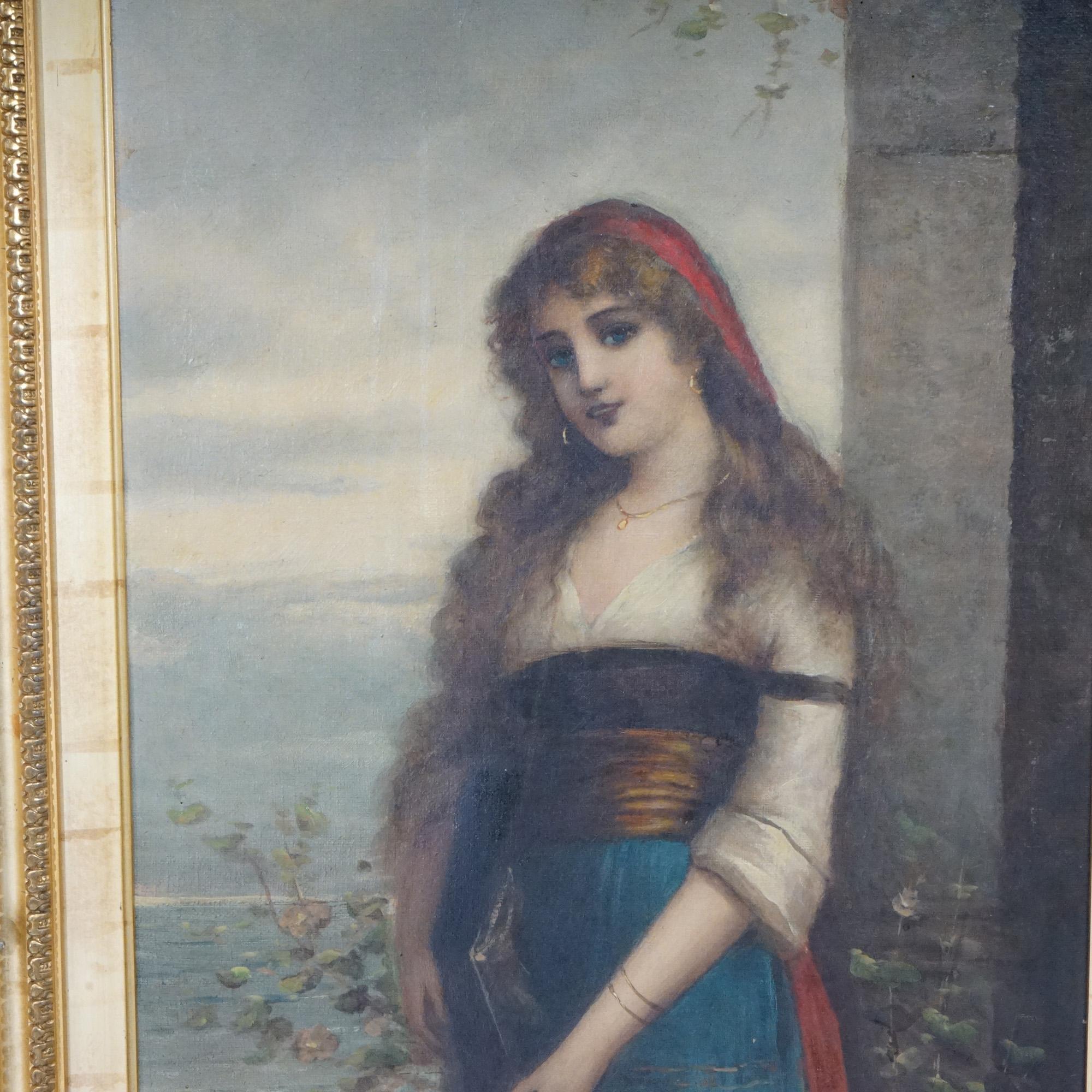 An antique painting by Egisto Ferroni offers portrait of a young woman with her lute (string instrument) standing in a doorway, artist signed lower left, seated in giltwood frame, 19th century

Measures - overall 41.5''H x 23''W x 4''D; sight
