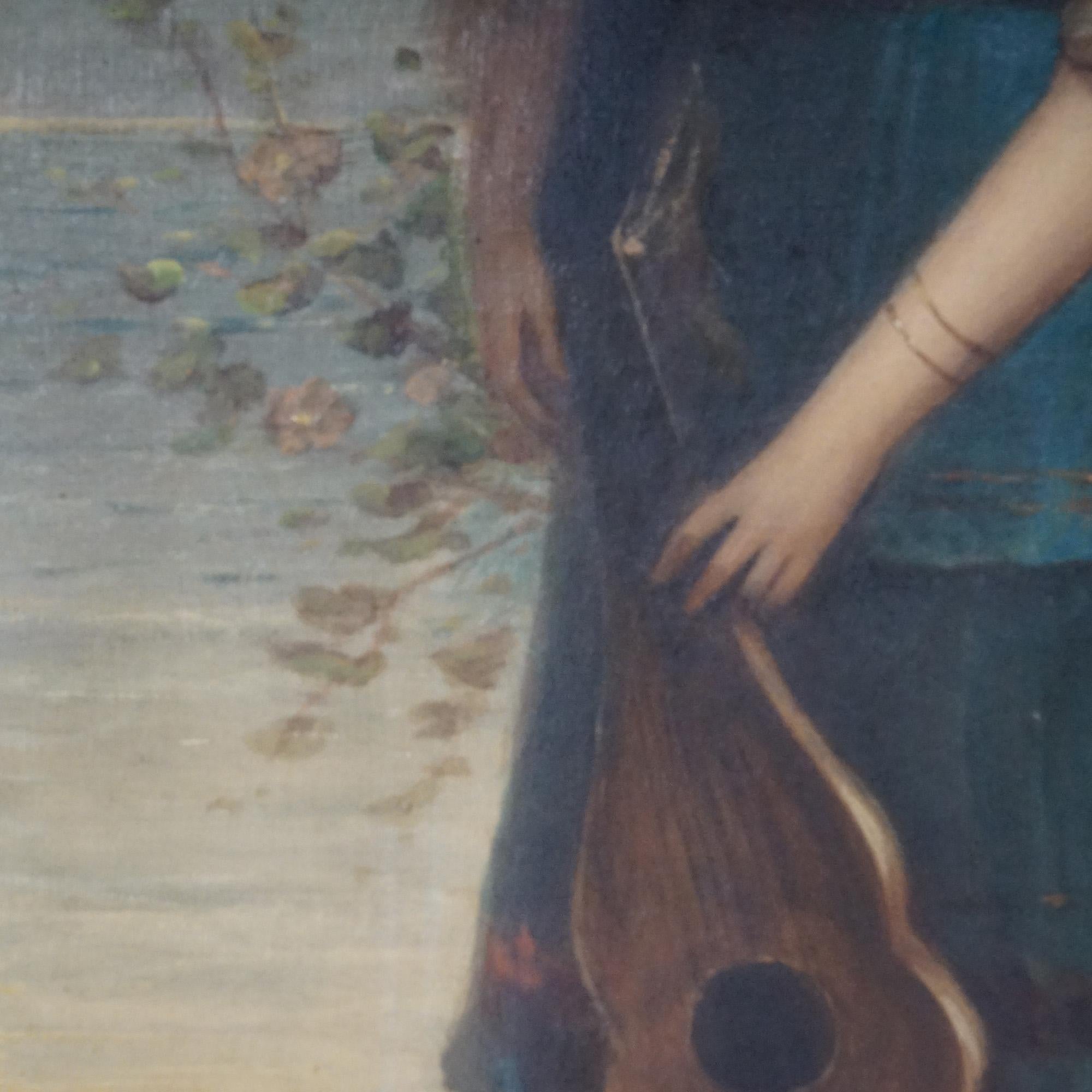 Gilt Large Antique Italian Portrait Painting, Woman & Lute Signed Ferroni, 19th C