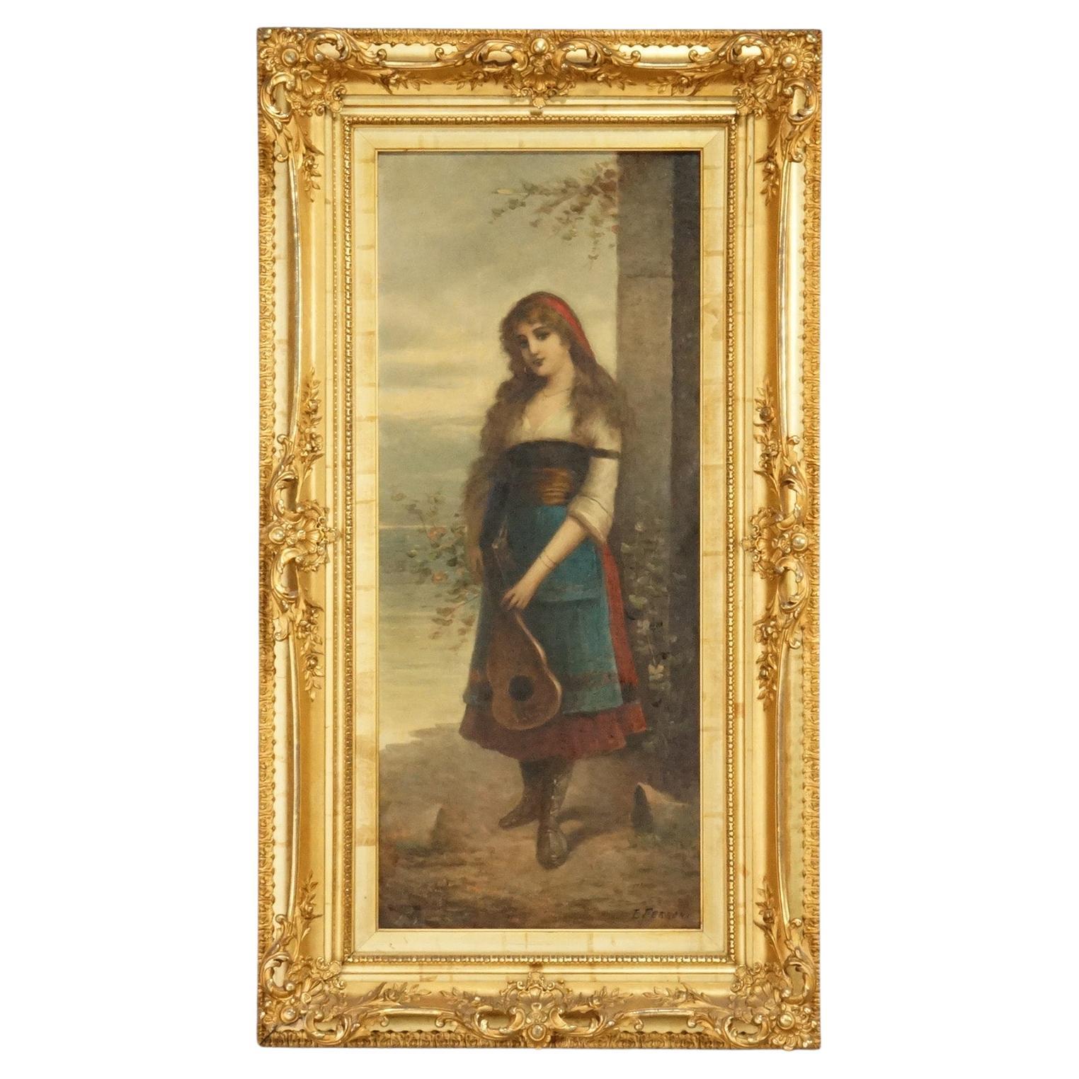Large Antique Italian Portrait Painting, Woman & Lute Signed Ferroni, 19th C