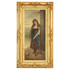Grande peinture italienne ancienne de portrait, Femme et Lute, signée Ferroni, 19ème siècle
