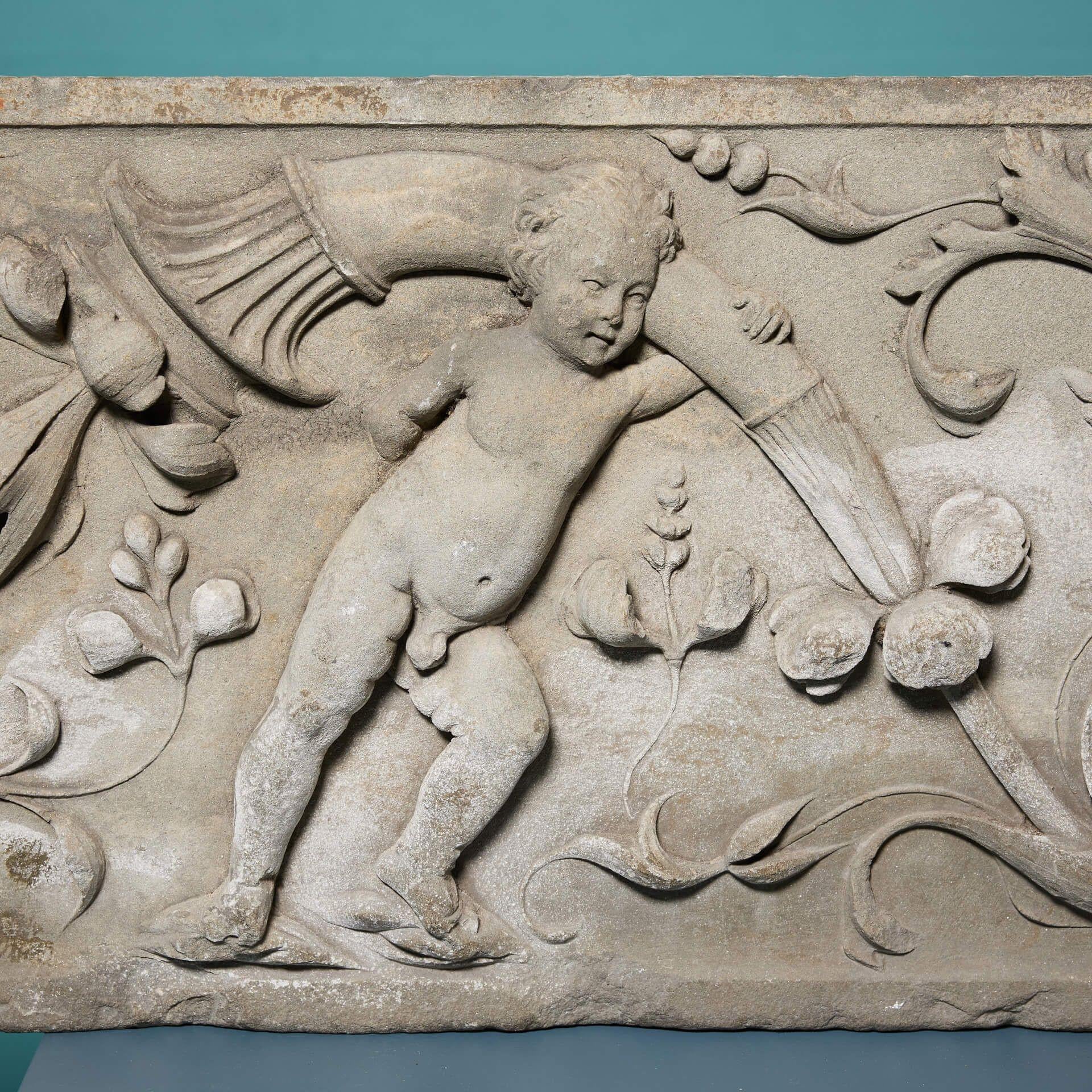 Large Antique Italian Renaissance Style Stone Frieze In Fair Condition For Sale In Wormelow, Herefordshire