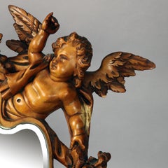 Large Antique Italian Rococo Figural Hand Carved Cherub Table Mirror