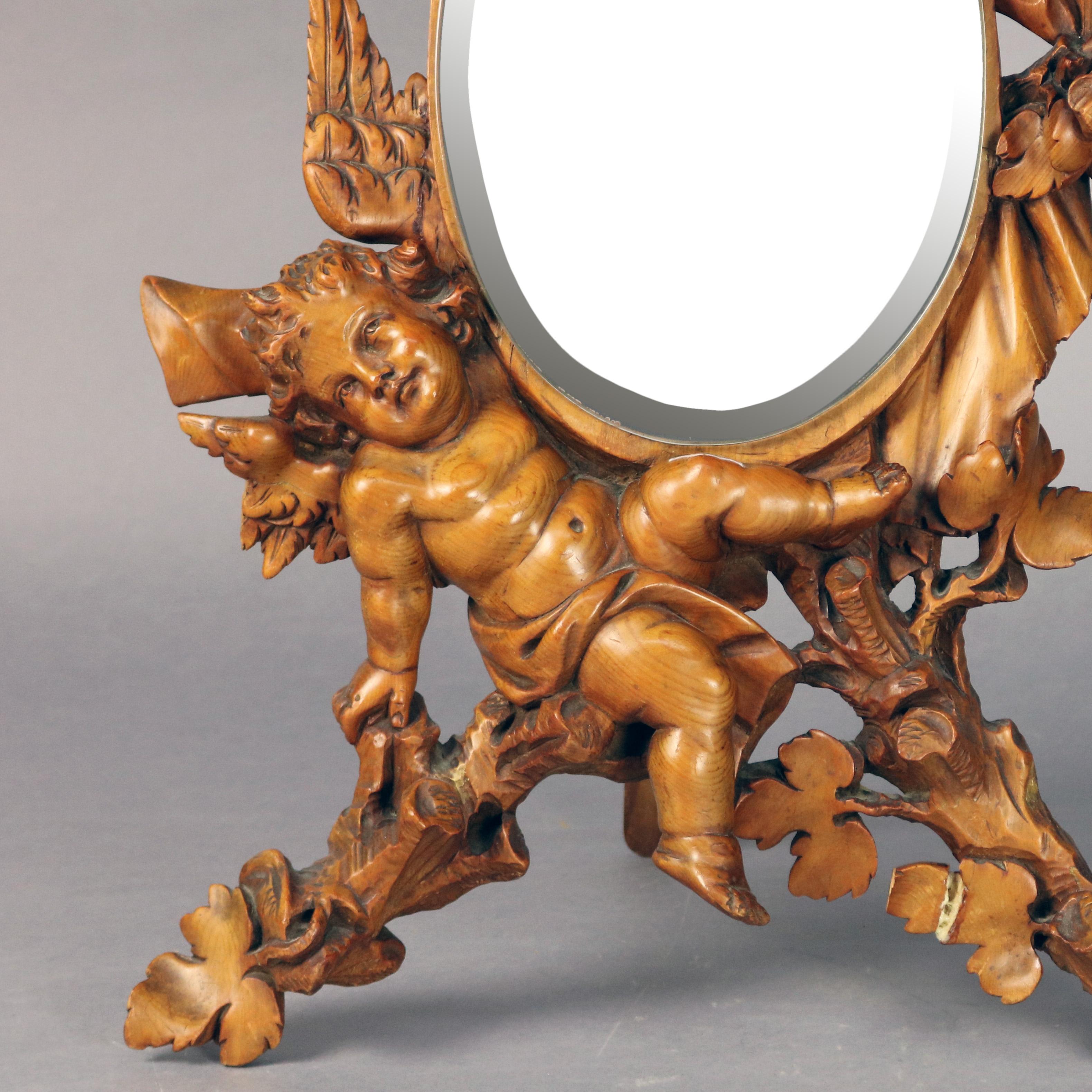 Beveled Large Antique Italian Rococo Figural Hand Carved Cherub Table Mirror