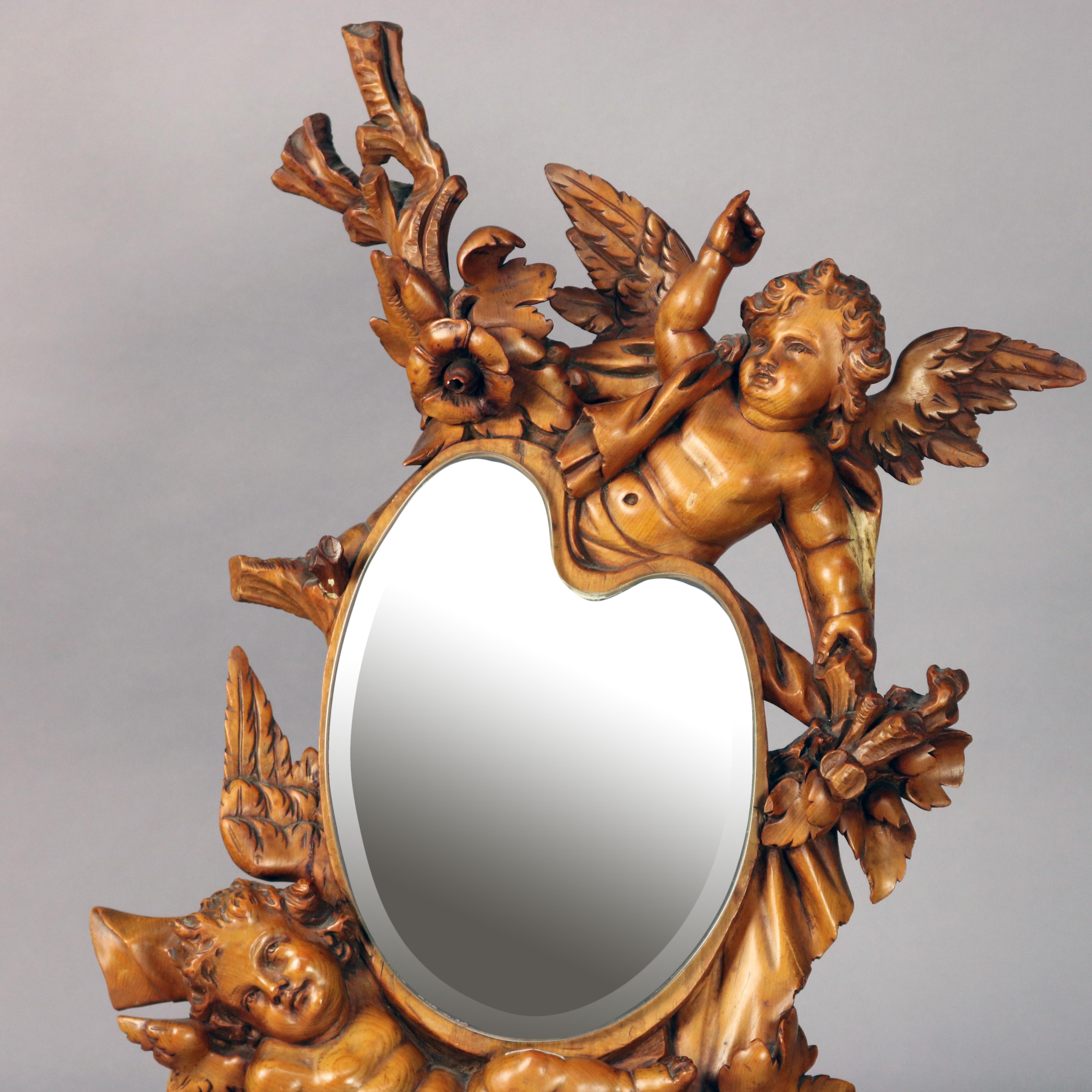 Large Antique Italian Rococo Figural Hand Carved Cherub Table Mirror In Good Condition In Big Flats, NY