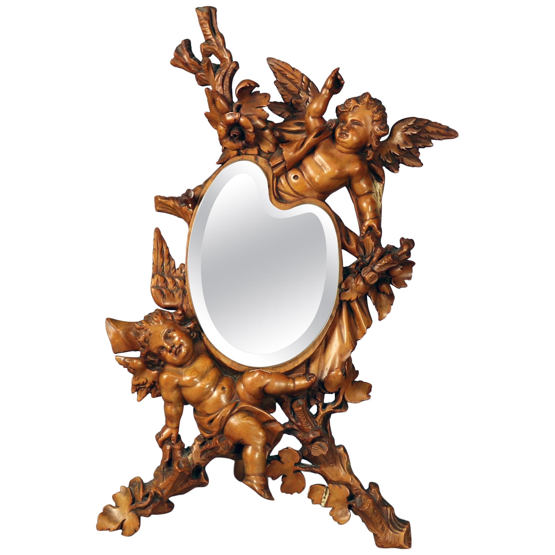 Large Antique Italian Rococo Figural Hand Carved Cherub Table Mirror