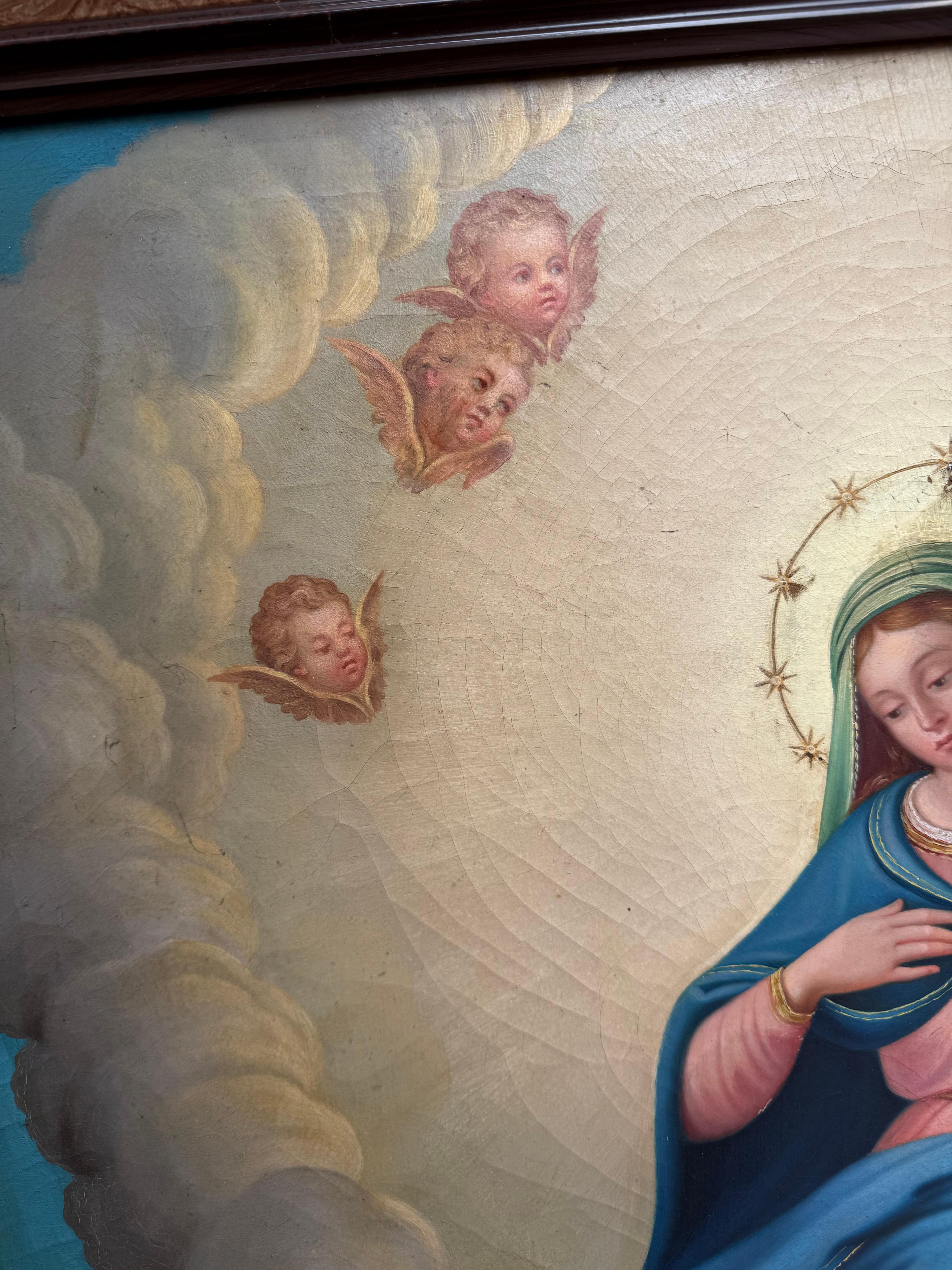 Gran cuadro antiguo al óleo sobre lienzo de la escuela italiana Aparición de María a James en venta 5