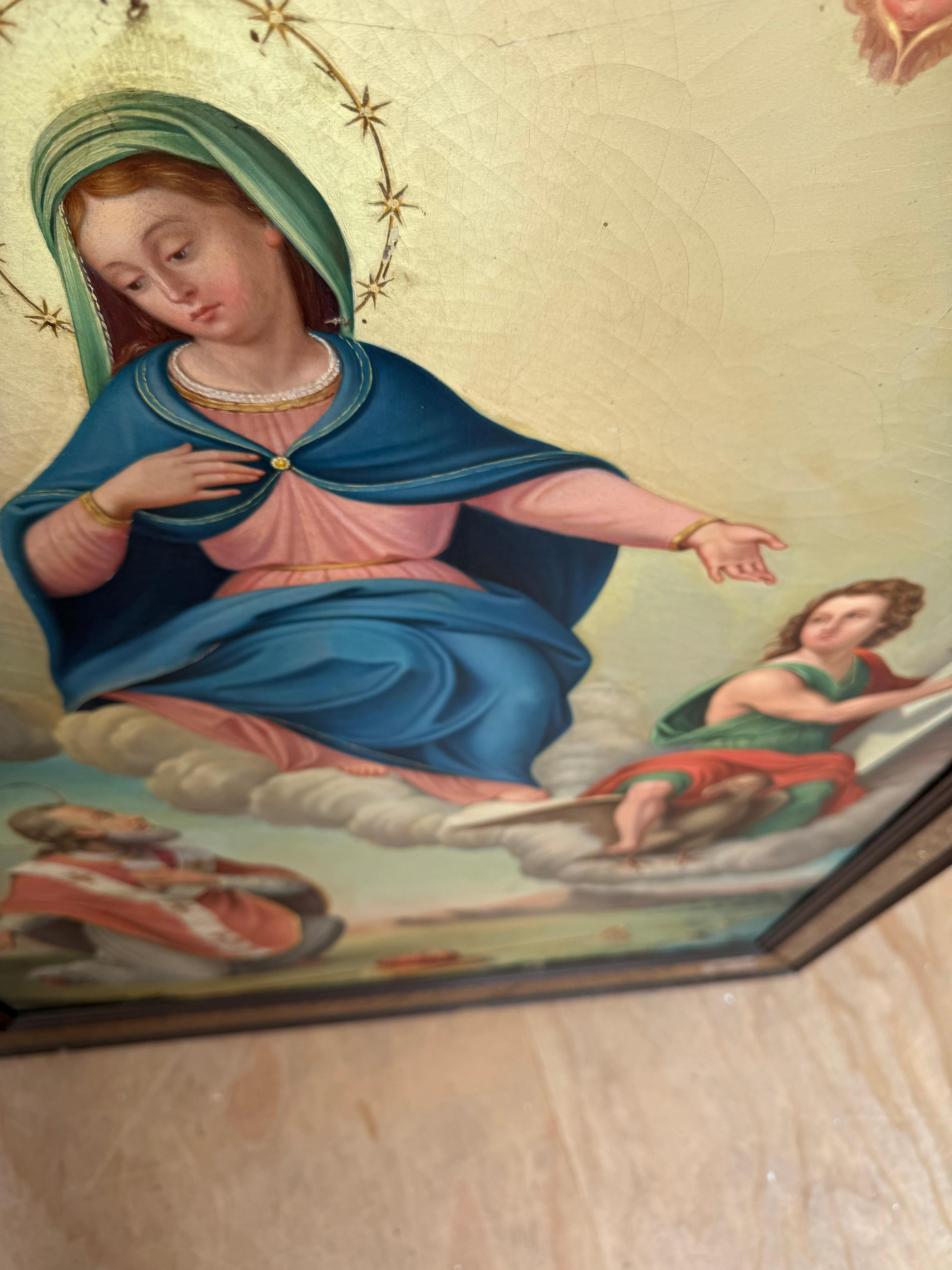 Gran cuadro antiguo al óleo sobre lienzo de la escuela italiana Aparición de María a James en venta 7