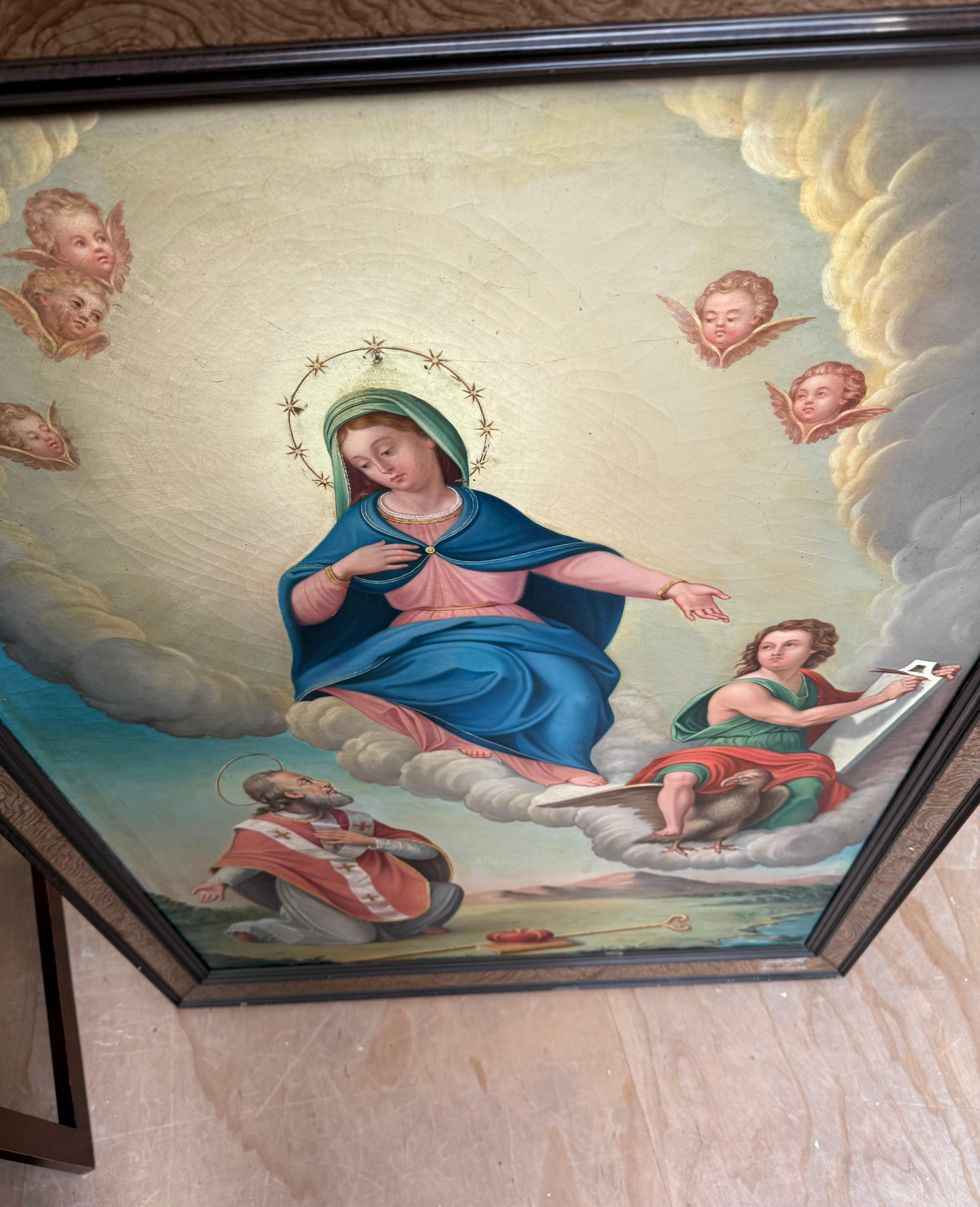 Gran cuadro antiguo al óleo sobre lienzo de la escuela italiana Aparición de María a James en venta 6